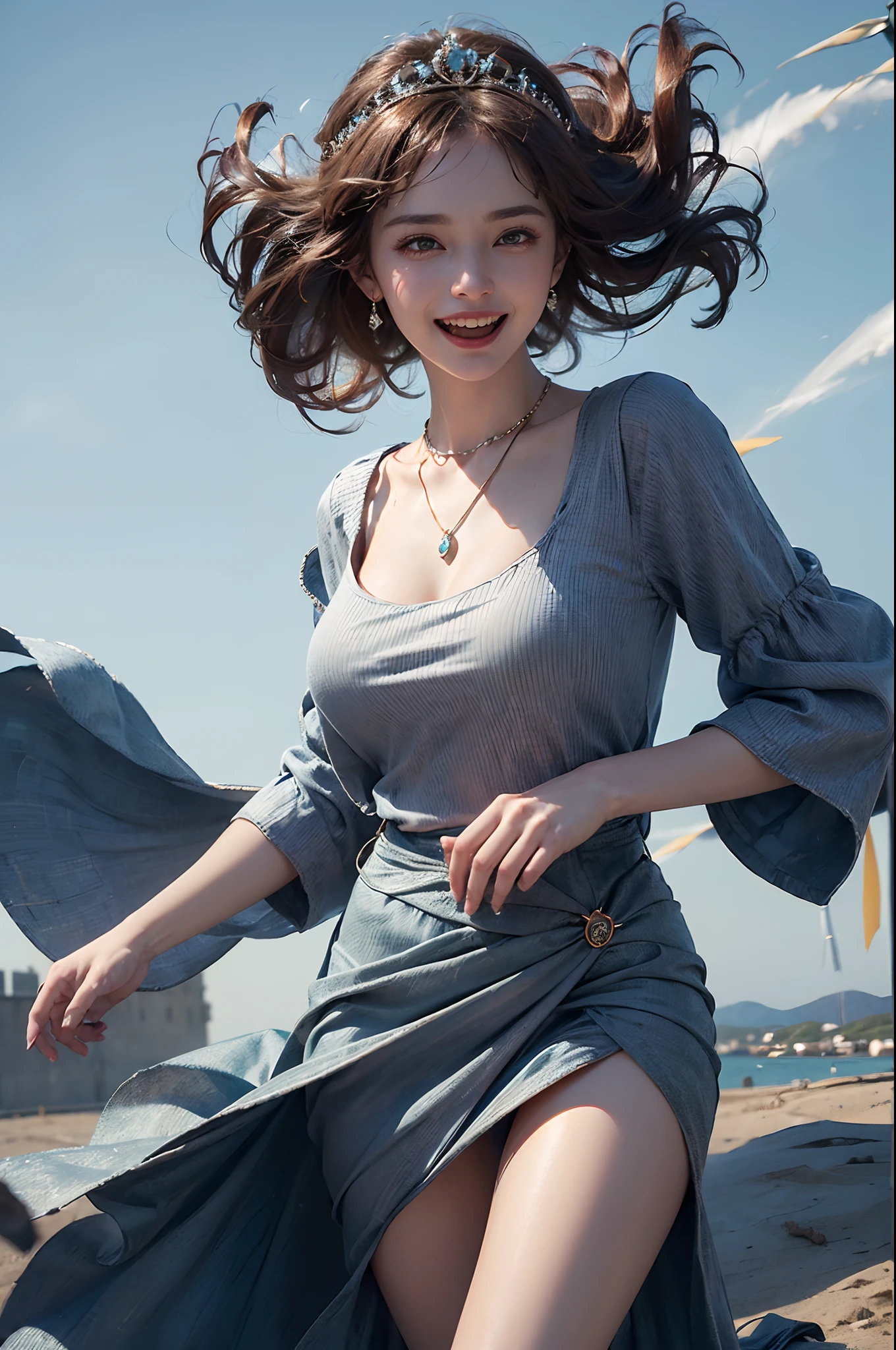 Young goddess, ((Her clothes are all flipping up in a extremely strong wind):1.6), (wearing robe, tiara, necklace), (in the nordic nature), revealing panty, (laughing), (cinematic lighting, surrealism, god rays), (masterpiece, 8K highest resolution), wide view,
