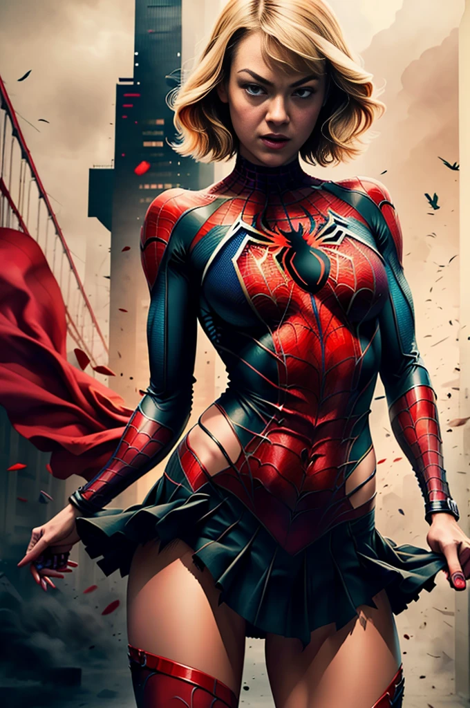Anna Torv、Sticking out the navel、newyork、She wears a torn Spider-Man suit,wearing skirt、 Red and black color scheme,Dynamic、masterpiece、top-quality、ultra-detailliert、ighly detailed、beautiful detailed brilliance、超A high resolution
