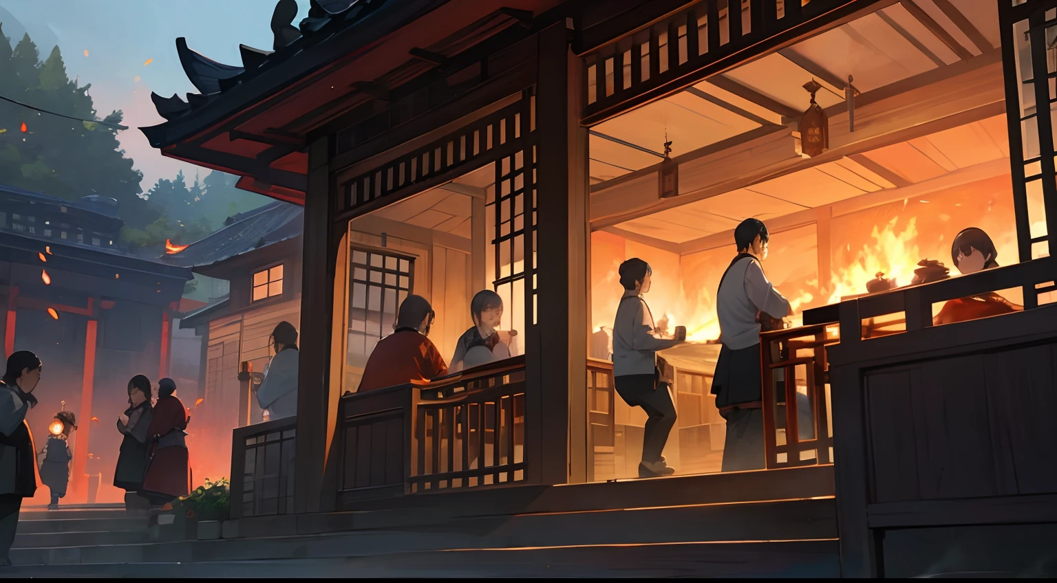 A group of villagers watched as the teahouse caught fire，