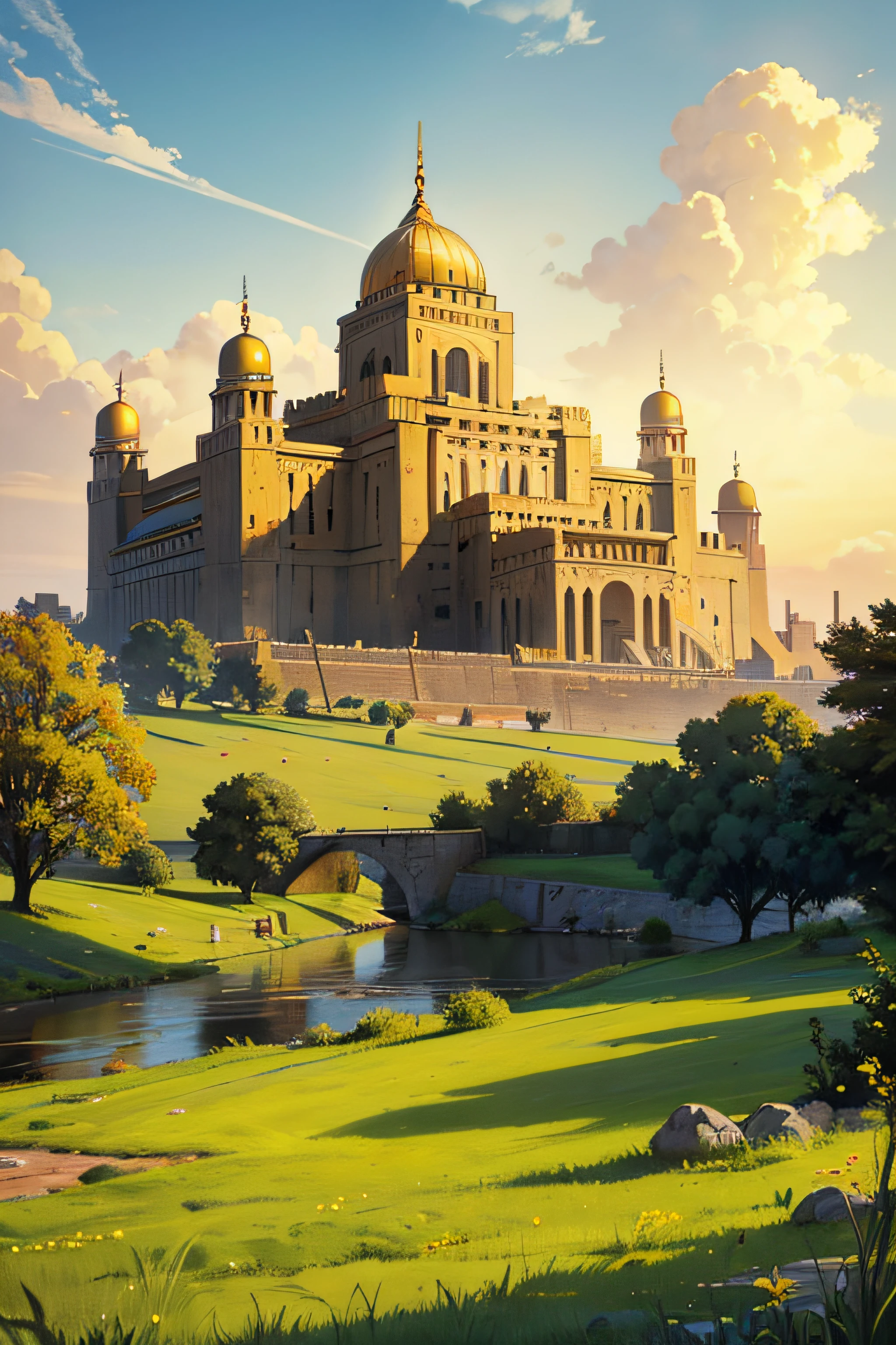 Golden yellow sky, Grey Egyptian Castle, There is a river., Green Grass, richness