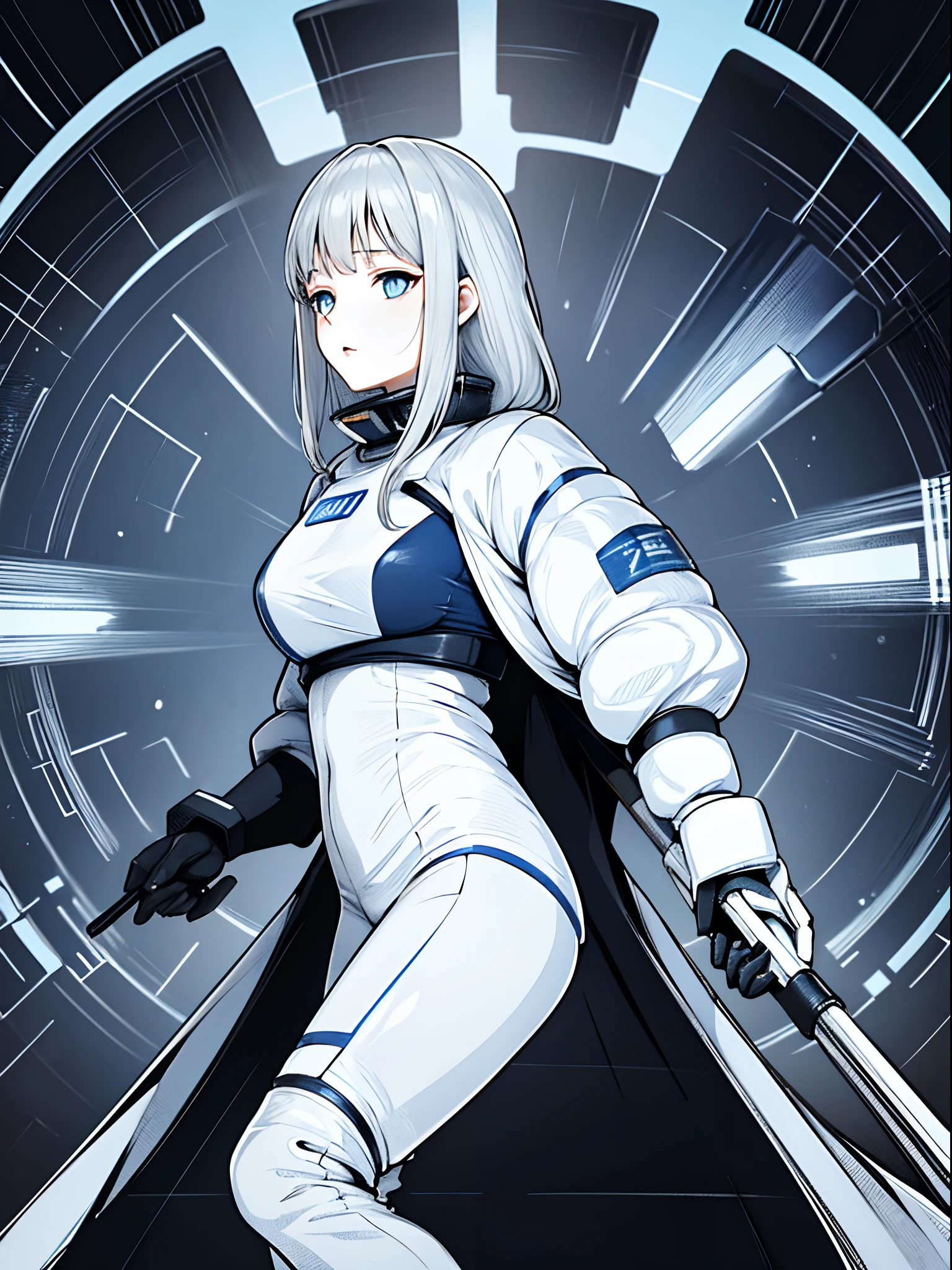 Beautiful glossy silver-haired girl。Wearing a spacesuit。Beautie。soio。line-drawing。blue eyes。White spacesuit。illustratio。15 year old girl。Fashionable spacesuit。Beautiful blue eyes。the background is the universe。There is a cute white and round machine。Kamimei