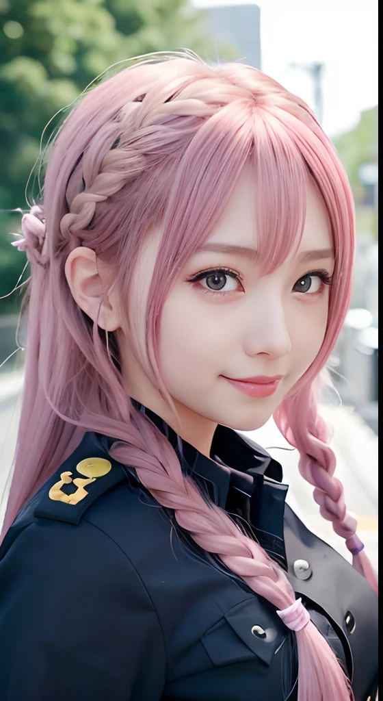 high-level image quality、Anime girl with long hair and police uniform posing for photo、Shibuya、up close shot、(A smile:1.5)、sayori, Anime visuals of cute girls, anime moe art style, loli in dress, Anime girl in police uniform, pretty anime girl, (Anime Girl), Cute anime girl, Cute anime waifu in police uniform, charming anime girls, Have a walkie-talkie、Beautiful anime girl, Rin, Smooth Anime CG Art、(Pink hair), Ear Hair, small tits, Single braid, (Single braid), (Side braid)