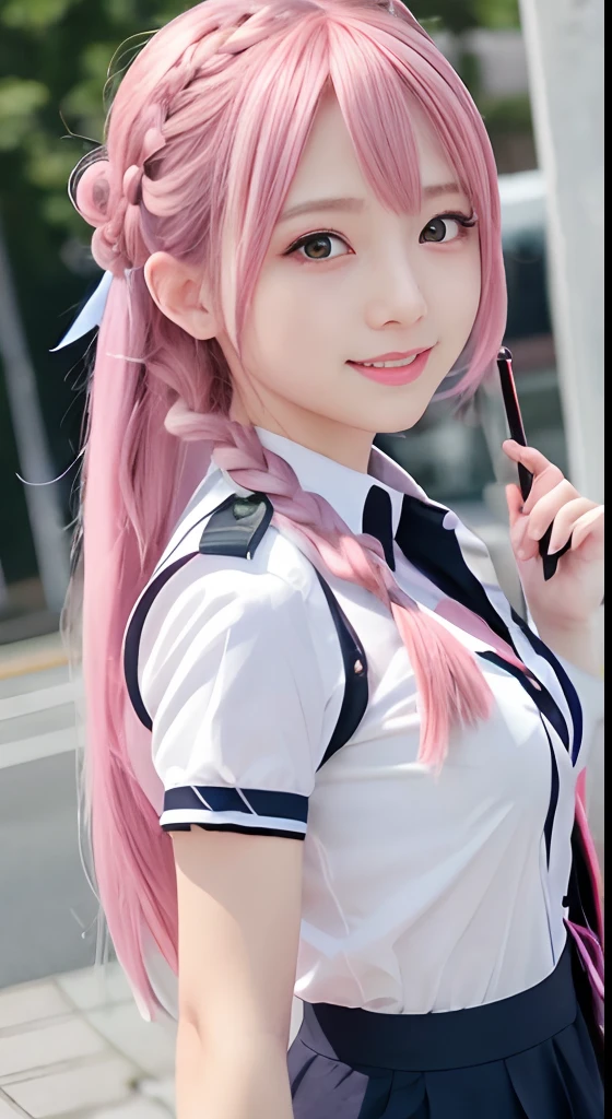 high-level image quality、Anime girl with long hair and police uniform posing for photo、Shibuya、up close shot、(A smile:1.5)、sayori, Anime visuals of cute girls, anime moe art style, loli in dress, Anime girl in police uniform, pretty anime girl, (Anime Girl), Cute anime girl, Cute anime waifu in police uniform, charming anime girls, Have a walkie-talkie、Beautiful anime girl, Rin, Smooth Anime CG Art、(Pink hair), Ear Hair, small tits, Single braid, (Single braid), (Side braid)