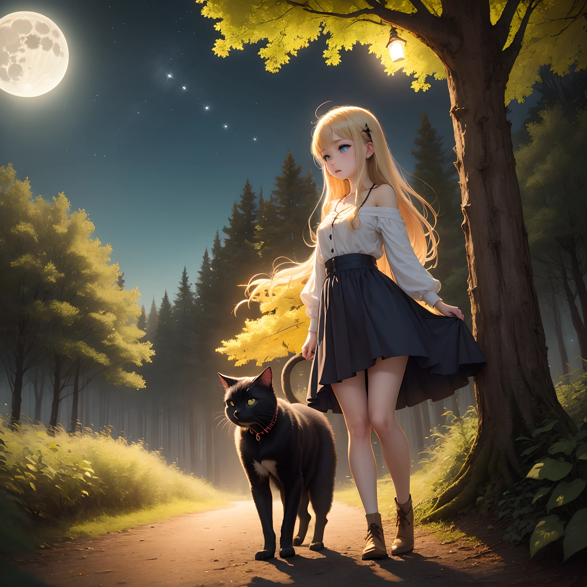 a blond、forest at night、natta、short stature、girl with、the witch、Big black cat、fullmoon、Boom、Pendants、blue eyess、Longhaire、animesque