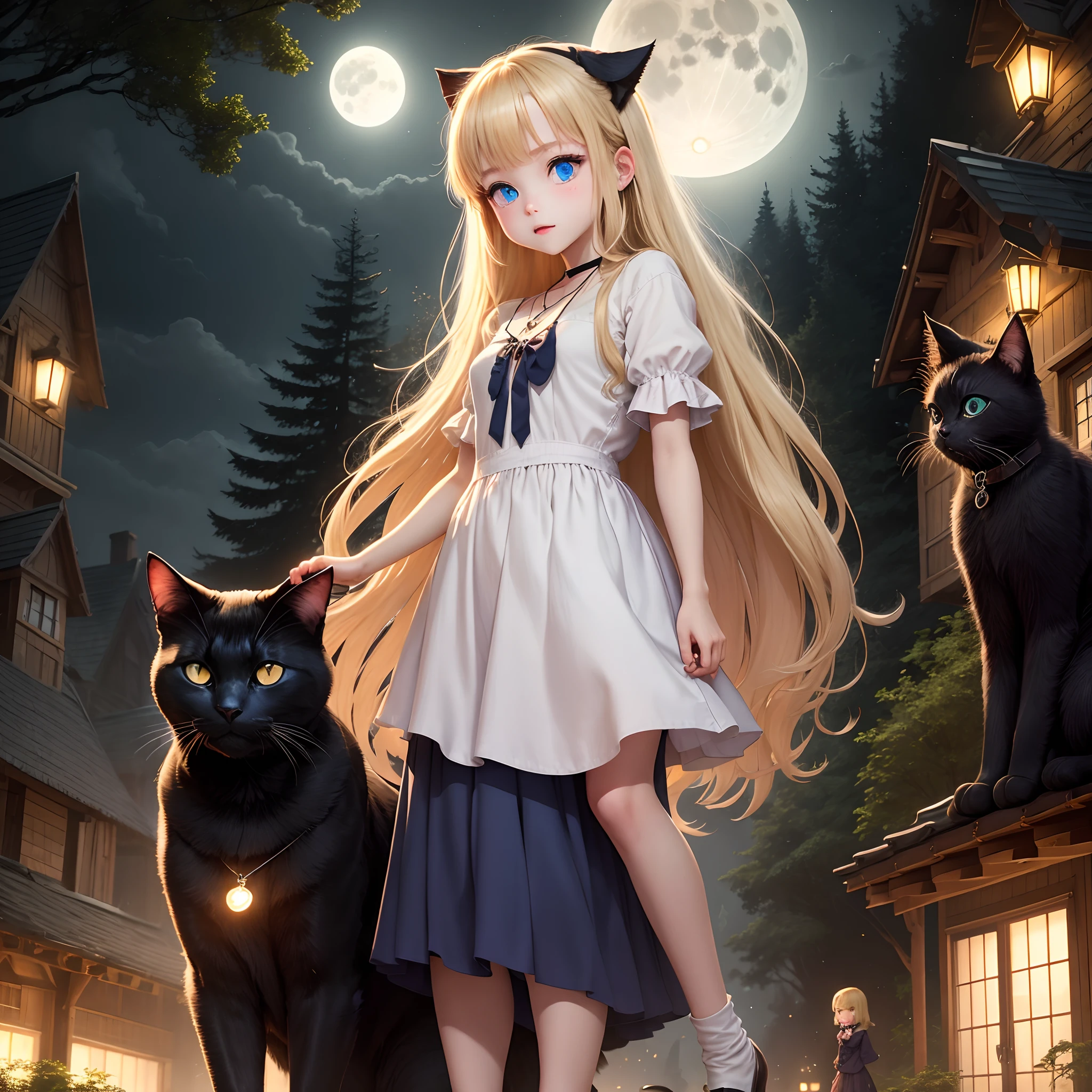 a blond、forest at night、natta、short stature、girl with、the witch、Big black cat、fullmoon、Boom、Pendants、blue eyess、Longhaire、animesque