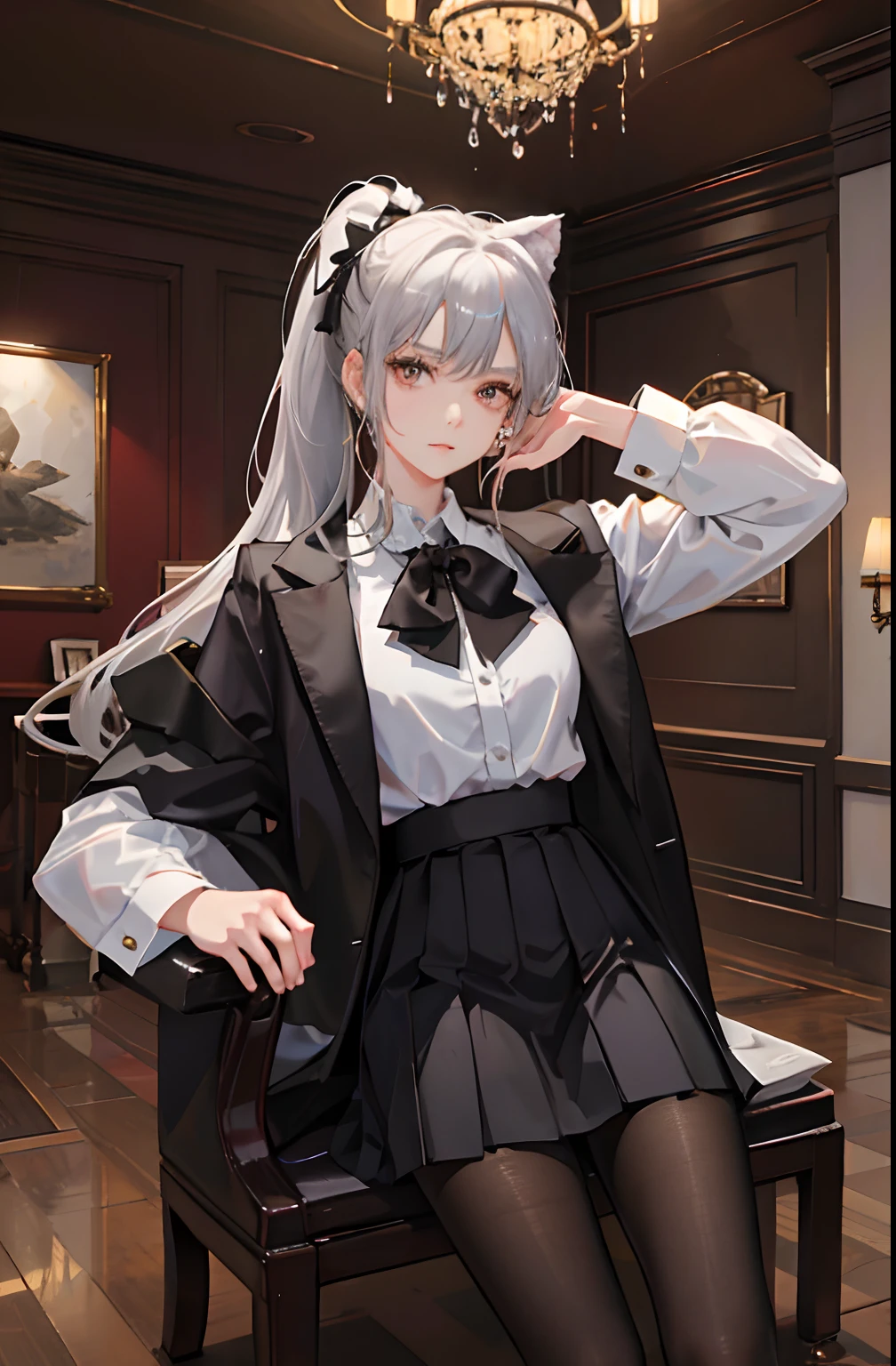 1 Girl! Ray traching, best shadows, high resolucion (Dim lighting) detailed background (living room) Fluffy silver hair, Chubby and slender girl, High ponytail dog ears avoiding golden eyes in ominous living room (Girl in a white shirt, Black pleated skirt, With black transparent pantyhose), It shows a delicate slender body and graceful curves., Correct position and reasonable limbs! Put your hands behind your head, Stand with dignity, face detailed! delicate facial features, Pay attention to the details of the location of the legs! Pay attention to the details of the hands! High Quality! More Eligibility! Fewer mistakes, Fine Drawing, extremaly detailed cg, A more rational picture! Pay attention to finger details! 8K wallpaper, masterpiece level.
