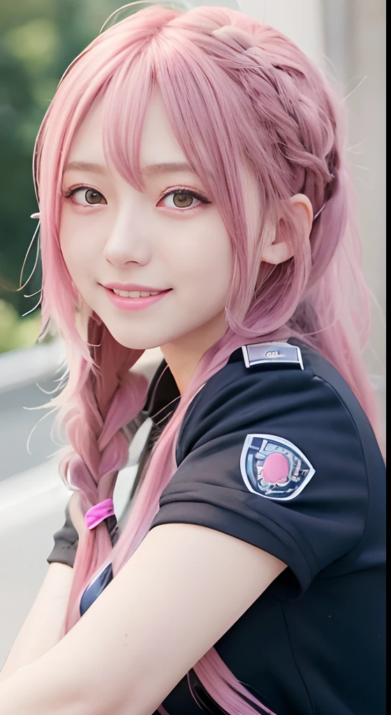 high-level image quality、Anime girl with long hair and police uniform posing for photo、Shibuya、up close shot、(A smile:1.5)、sayori, Anime visuals of cute girls, anime moe art style, loli in dress, Anime girl in police uniform, pretty anime girl, (Anime Girl), Cute anime girl, Cute anime waifu in police uniform, charming anime girls, Have a walkie-talkie、Beautiful anime girl, Rin, Smooth Anime CG Art、(Pink hair), Ear Hair, small tits, Single braid, (Single braid), (Side braid)