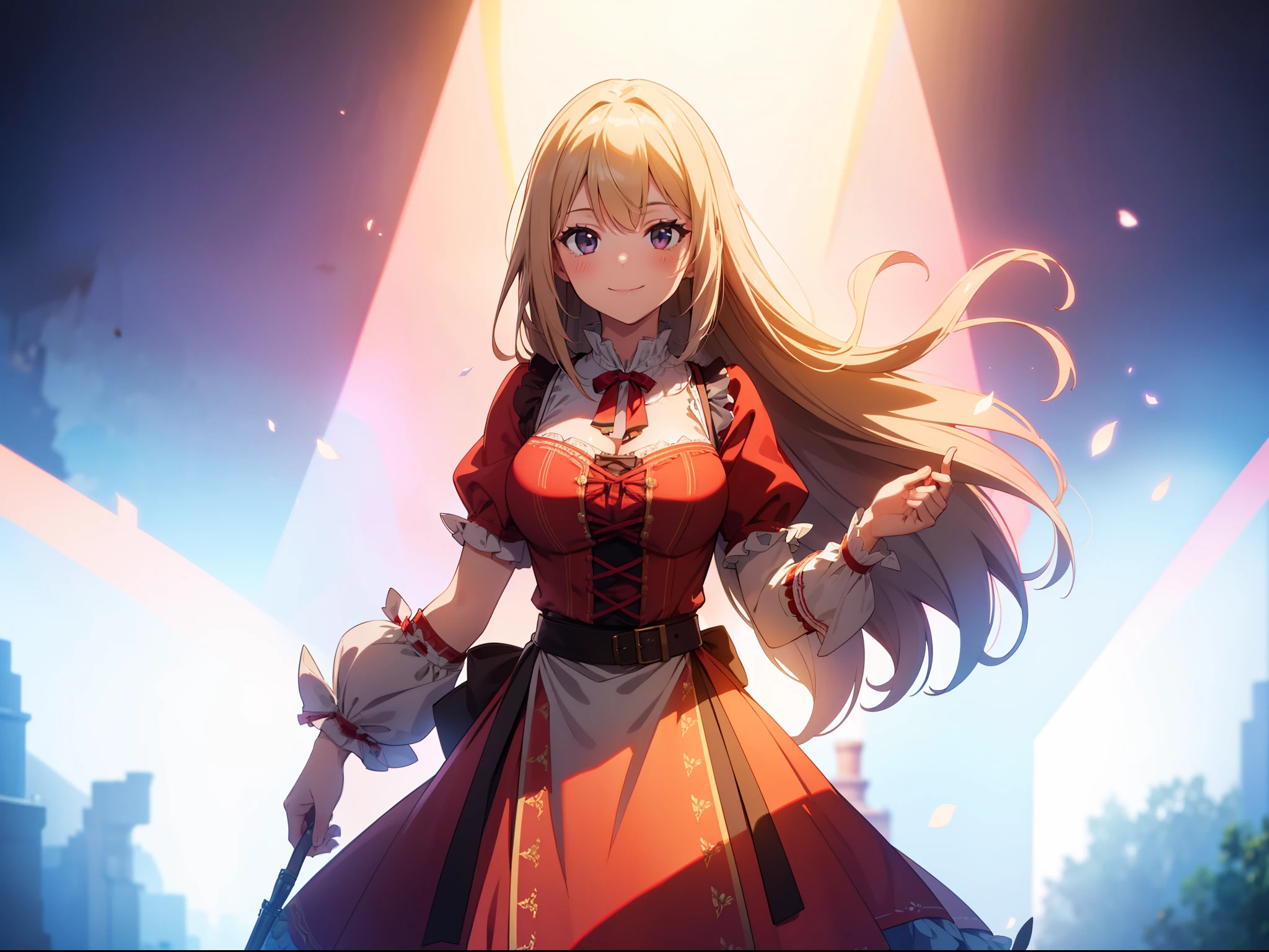 1 girl , red Germany dirndl , front ,cowboy shot, (wide shot) ,cinematic lighting, smile , ((masterpiece)), ((best quality)), ((ultra-detailed)), (illustration), ((an extremely delicate and beautiful))