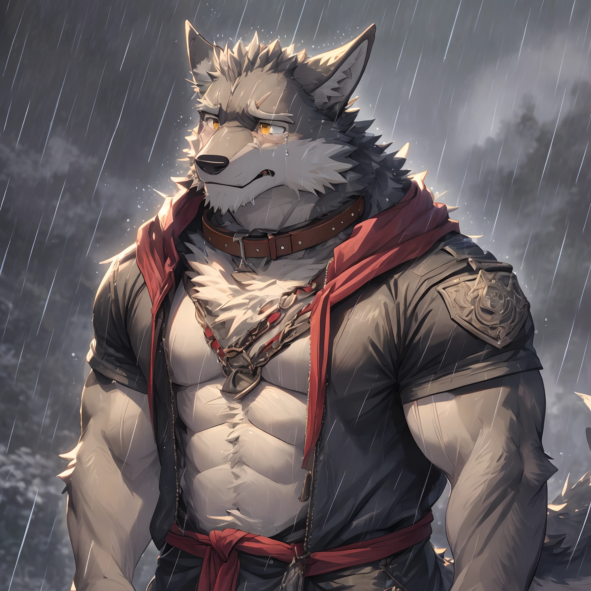 Solo，coyote，hairy bodies，Furry character，Dragon's oung，With a collar around the neck，Best picture quality，weeping，teardrop，eye detailed，Ears drooping，Airplane ears，Raindrop details，raining day，youth，wiping tears，Be red in the face，There are dragon horns，musculature，Gray wolf orcs