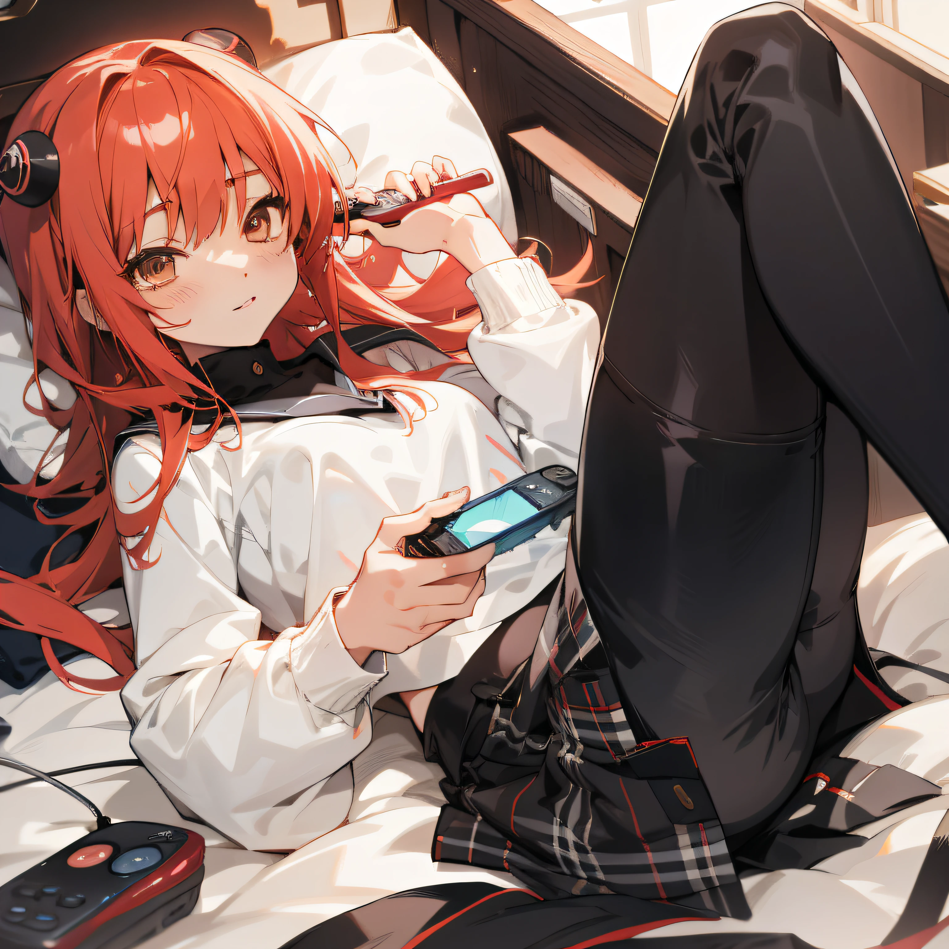 makima laying on bed with a remote control in her hand, anime style 4 kk,suit,white shirt,black trousers, anime art wallpaper 4 k, anime art wallpaper 4k, anime wallpaper 4k, anime wallpaper 4 k,red hair, seductive anime girl, anime art wallpaper 8 k, best anime 4k konachan wallpaper, 4k anime wallpaper, anime girl, cute anime girl, nightcore