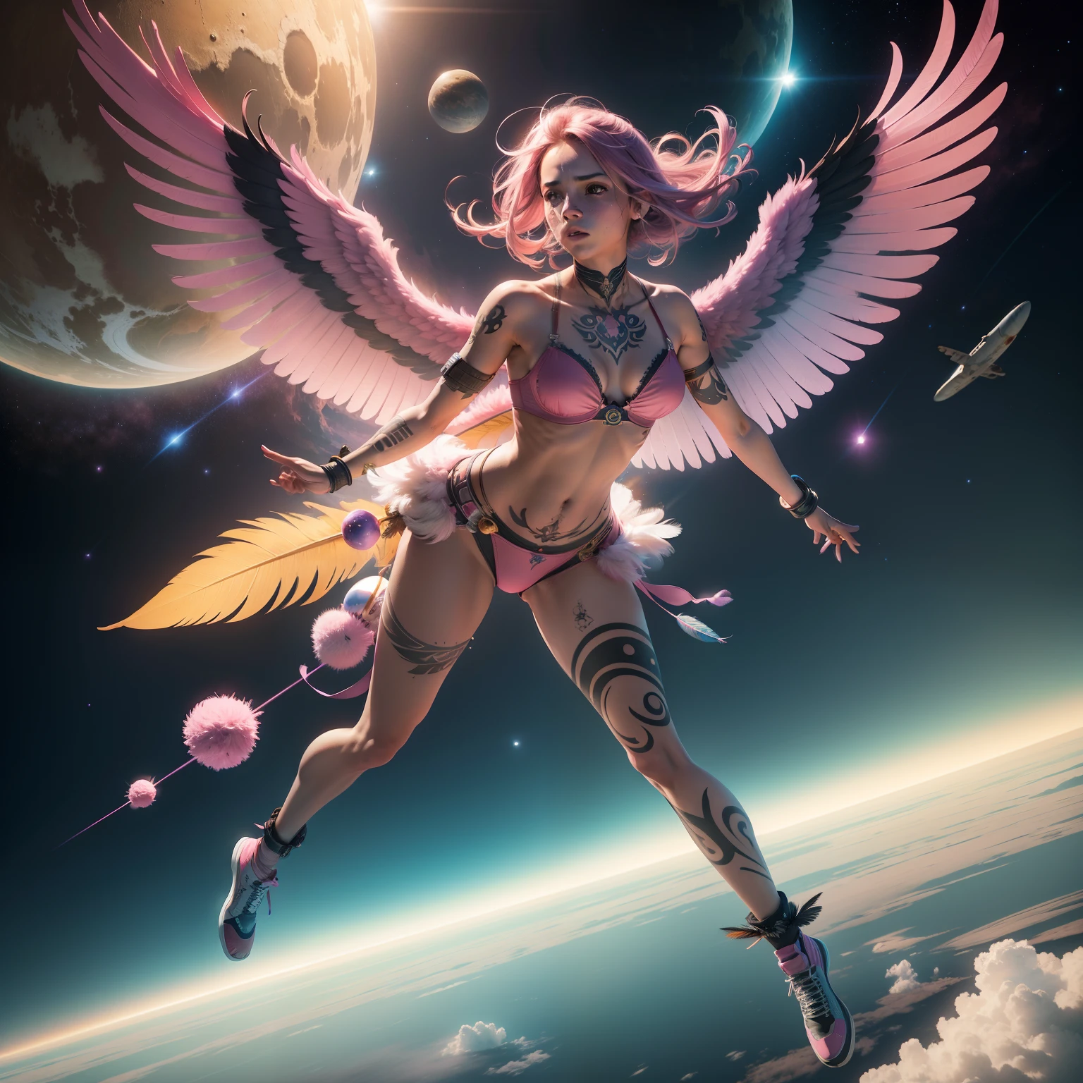 Ultra-realistic realism，Distant Planets，Pink sky，flying though the air，Full body show of one girl with colorful feather wings，( Tattoo marks) ( Ancient bras)5 Suns