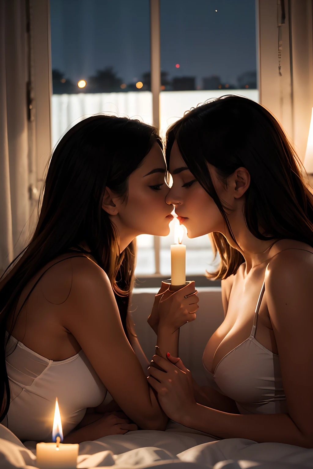 2women, beautiful women, kissing each other with passion, in a bedroom, bright room, candles lit, night time,