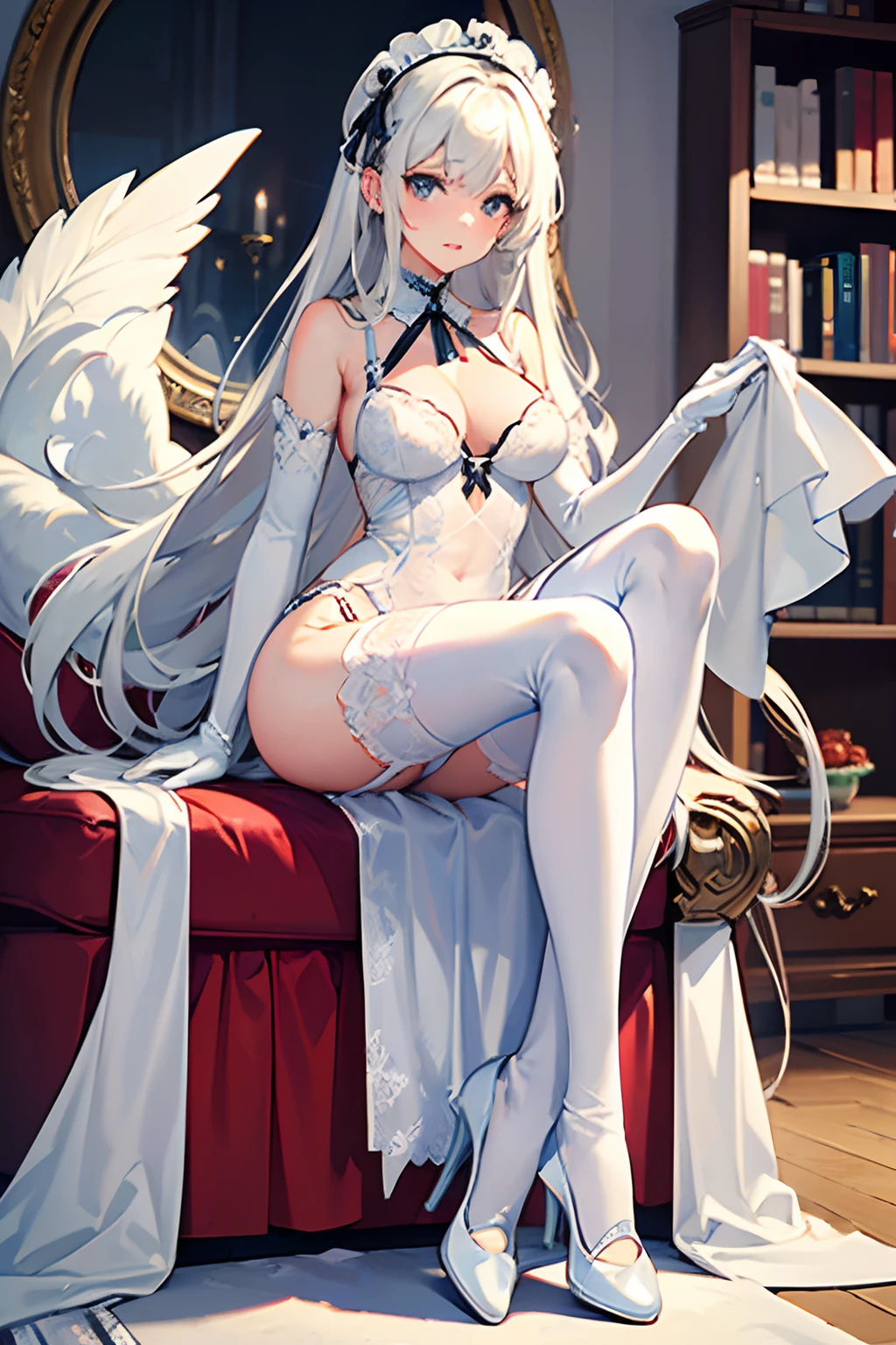 Masterpiece　high-level image quality　White Long Gloves（（blanche）（Long gloves））　white stockings（（blanche）（stockings））　an lingerie　pumps