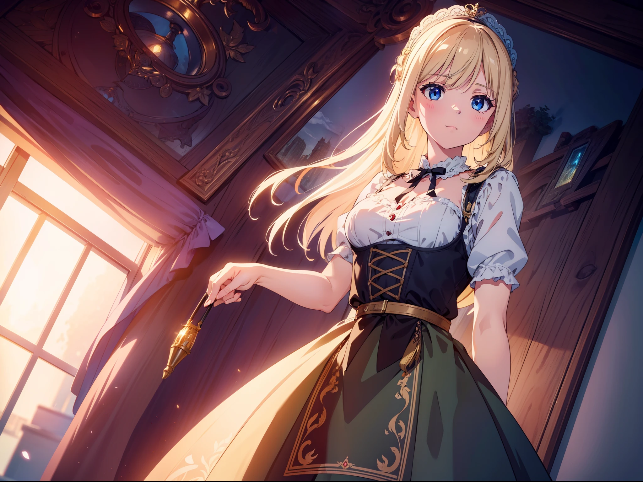 1 girl , Germany dirndl  , front , (wide shot) ,cinematic lighting , ((masterpiece)), ((best quality)), ((ultra-detailed)), (illustration), ((an extremely delicate and beautiful))