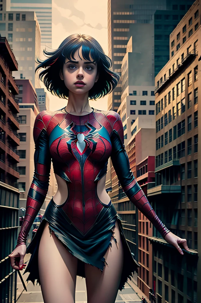 Krysten Ritter、Sticking out the navel、newyork、She wears a torn Spider-Man suit,wearing skirt、 Red and black color scheme,Dynamic、​masterpiece、top-quality、ultra-detailliert、ighly detailed、beautiful detailed brilliance、超A high resolution