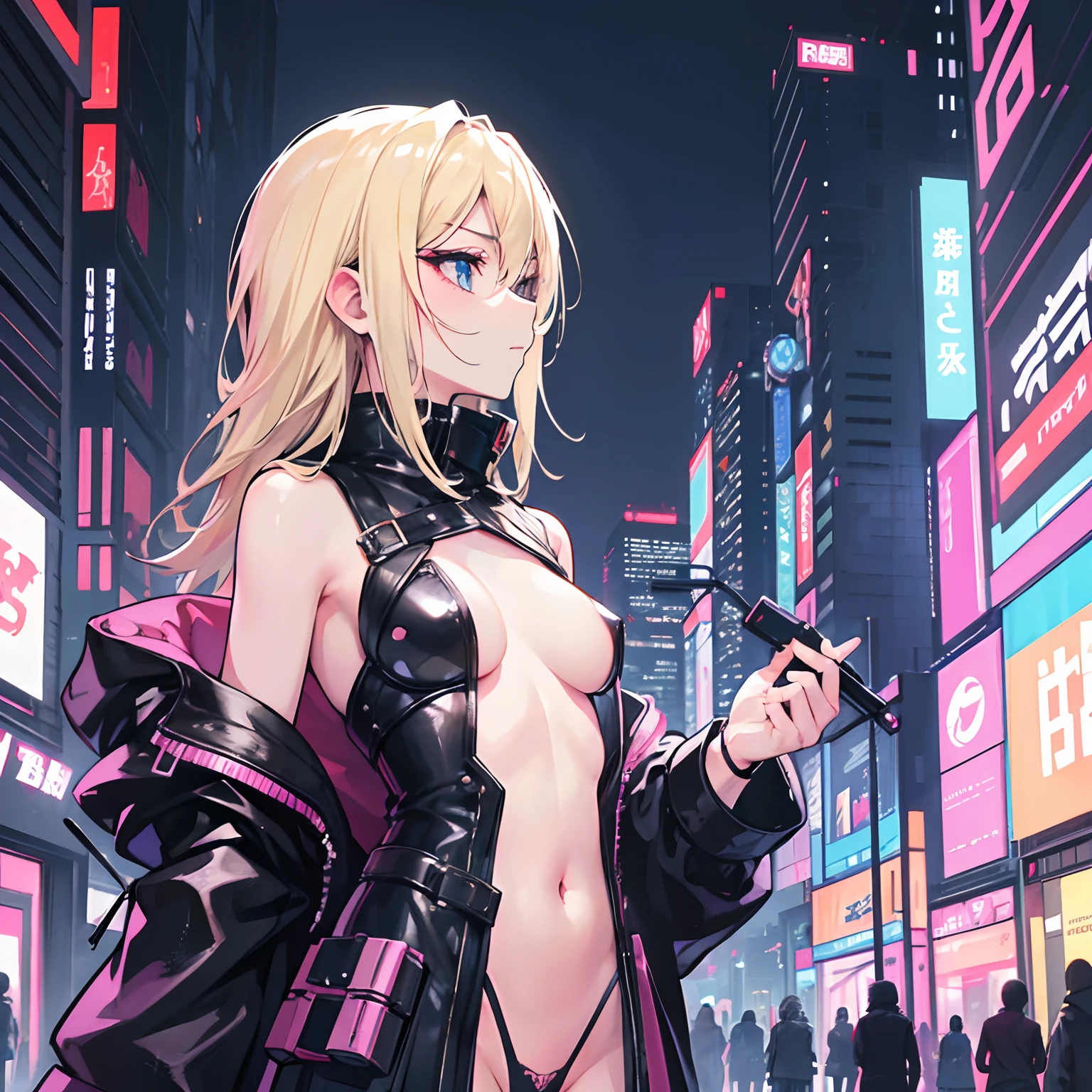 Beautie, Bondage clothing, a blond, (razor), Pubic hair shows through, A sexy, The skin, ((animesque)), illustratio, fulcolor, profile image, toei animation, In the city at night, (Cyberpunk style) , mideum breasts, small tits, dull color