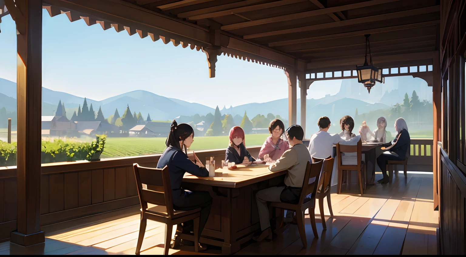A group of people who drink wine，Sit on the teahouse