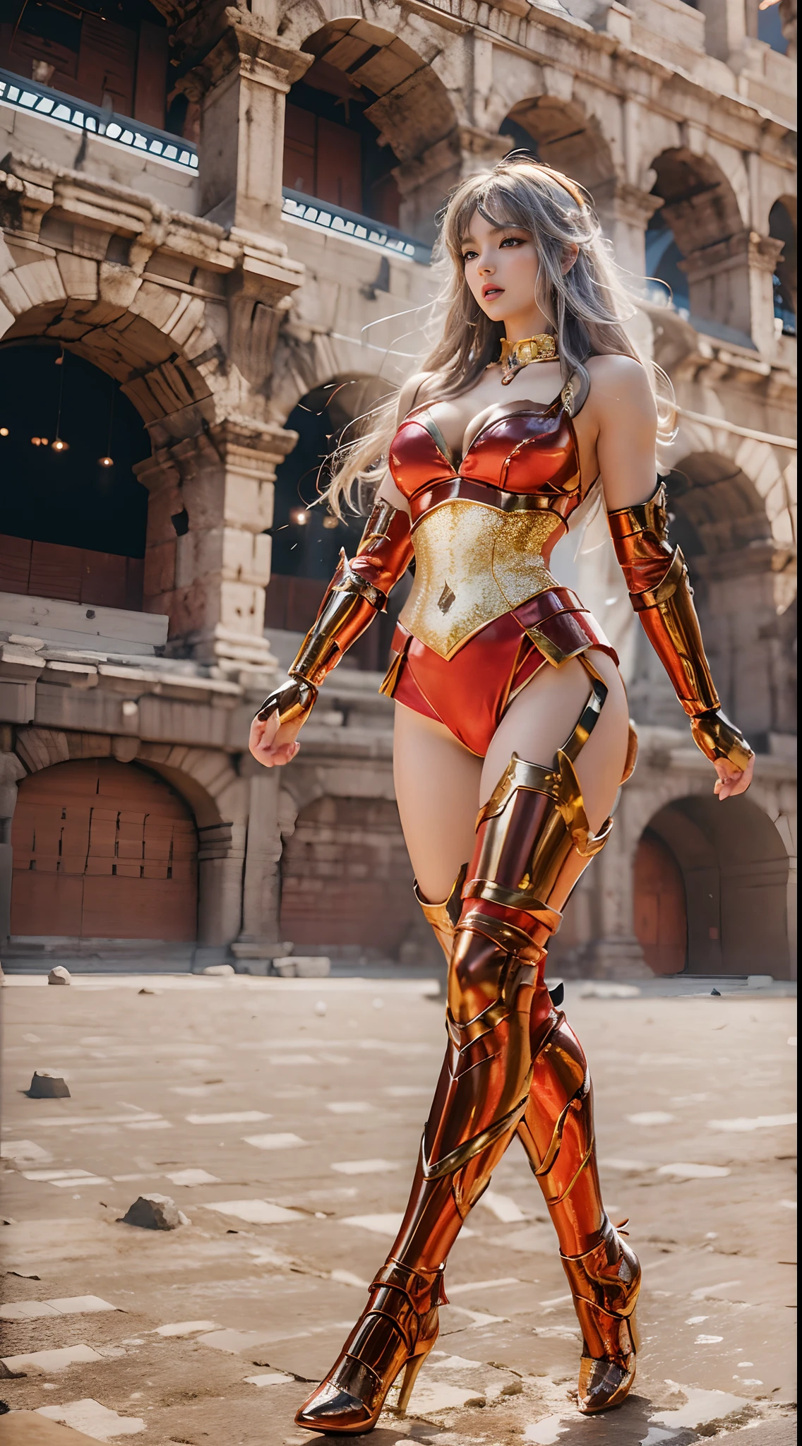 In the martial arts arena of the Colosseum in Greece、Martial Arts Tournaments、Saint Seiya、Beautiful One Girl、huge-breasted、cleavage of the breast、beauty legs、(((He wears a glittering futuristic combat armor in metallic red)))、Shining silver chains are connected from all sides、Unbelievable number of glittering chains、Armed with chains、((Scream))、((exclamation))、((fighting poses))、8k, top-quality, （pubic hair beauty）、hight resolution, 逼真, realperson,