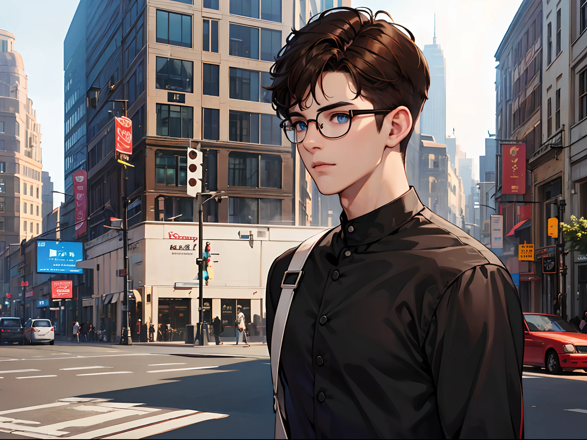 A boy wearing a black shirt, 27 years old, with blue eyes, round glasses, brown hair, short hair, a haggard face, short stubble, upper body, in the city.