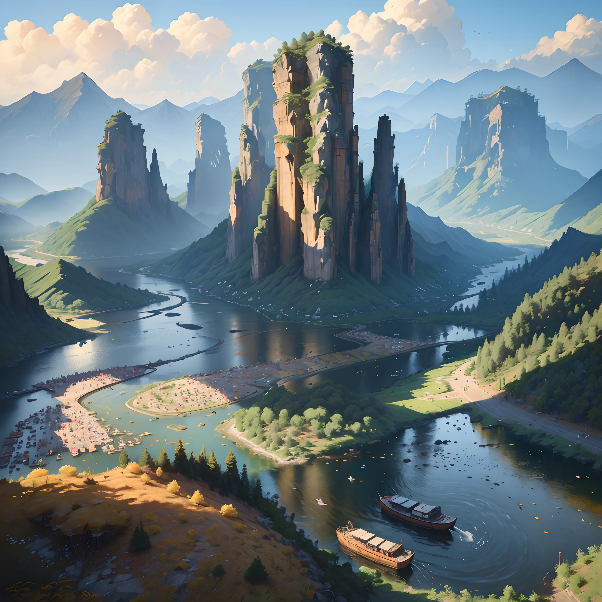 Towers, mountains, forests, rivers, Chinese wind, small rafts --auto --s2
