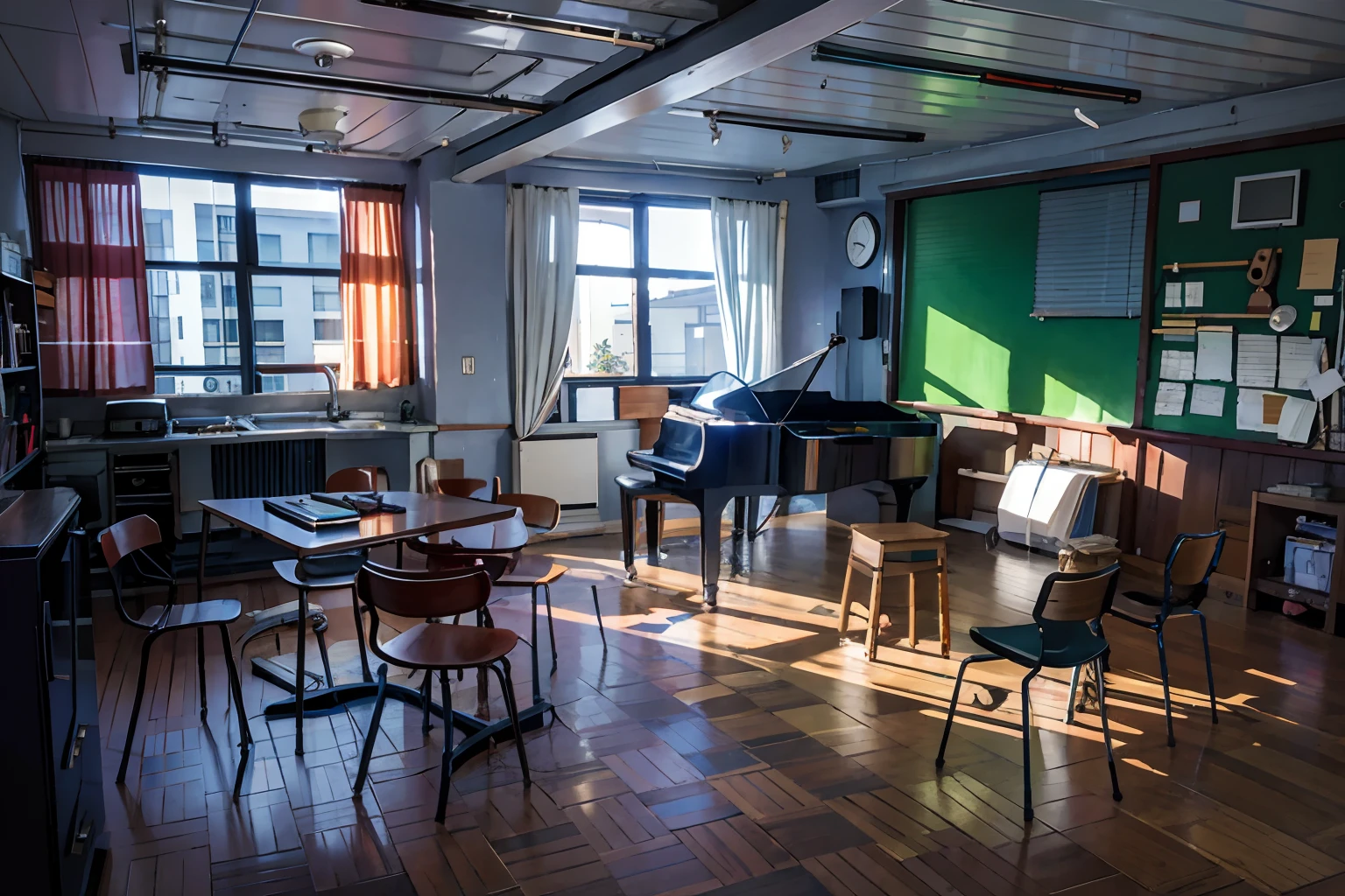 Shinkai Makoto style、Interior Scene、cool color、Sunlight transmittance、2D Scenes、Music room、a bed、The table、a chair、Classroom、canny、uneasy、horror art、Make noise all over