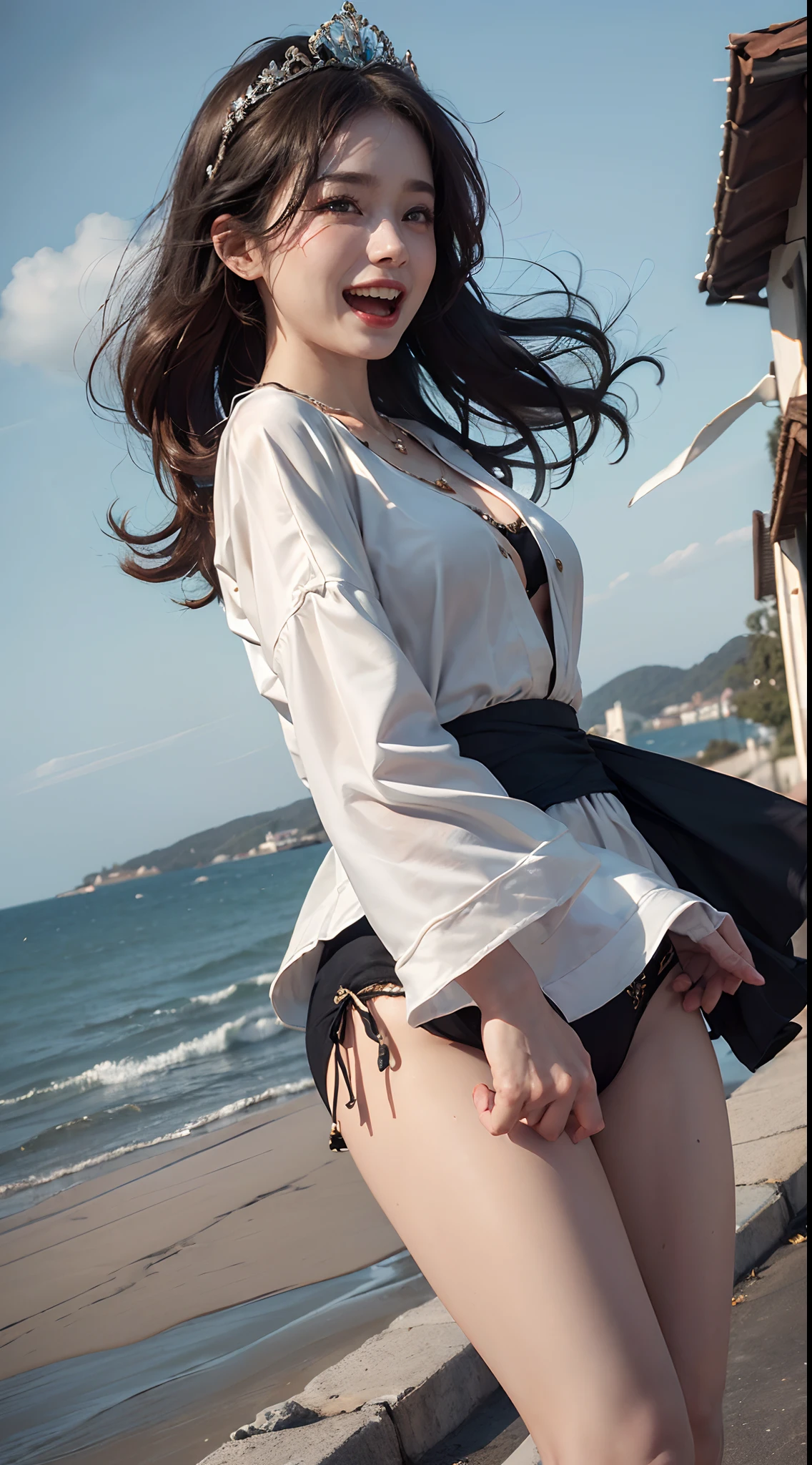 Young goddess, ((Her clothes are all flipping up in a extremely strong wind):1.6), (wearing robe, tiara, necklace), (in the nordic nature), revealing panty, (laughing), (cinematic lighting, surrealism, god rays), (masterpiece, 8K highest resolution), wide view,