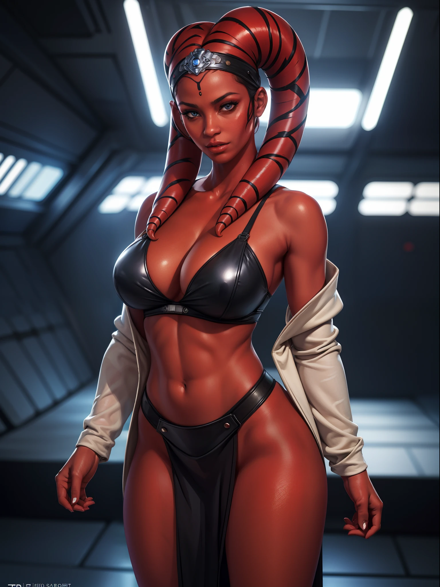sexy masterpiece, best quality, highest quality, high definition, highly detailed, 8K, (((red skin)), twi'lek), standing, athletic and fit body, jedi robes, perfect hands, detailed hands, perfect eyes, detailed eyes, flirty, sexy, naughty, posing, hands and arms at sides, large perky boobs, realistic, HDR, UHD, dynamic,  Imperial starship, Star Wars, good lighting, jedi robes, cleavage