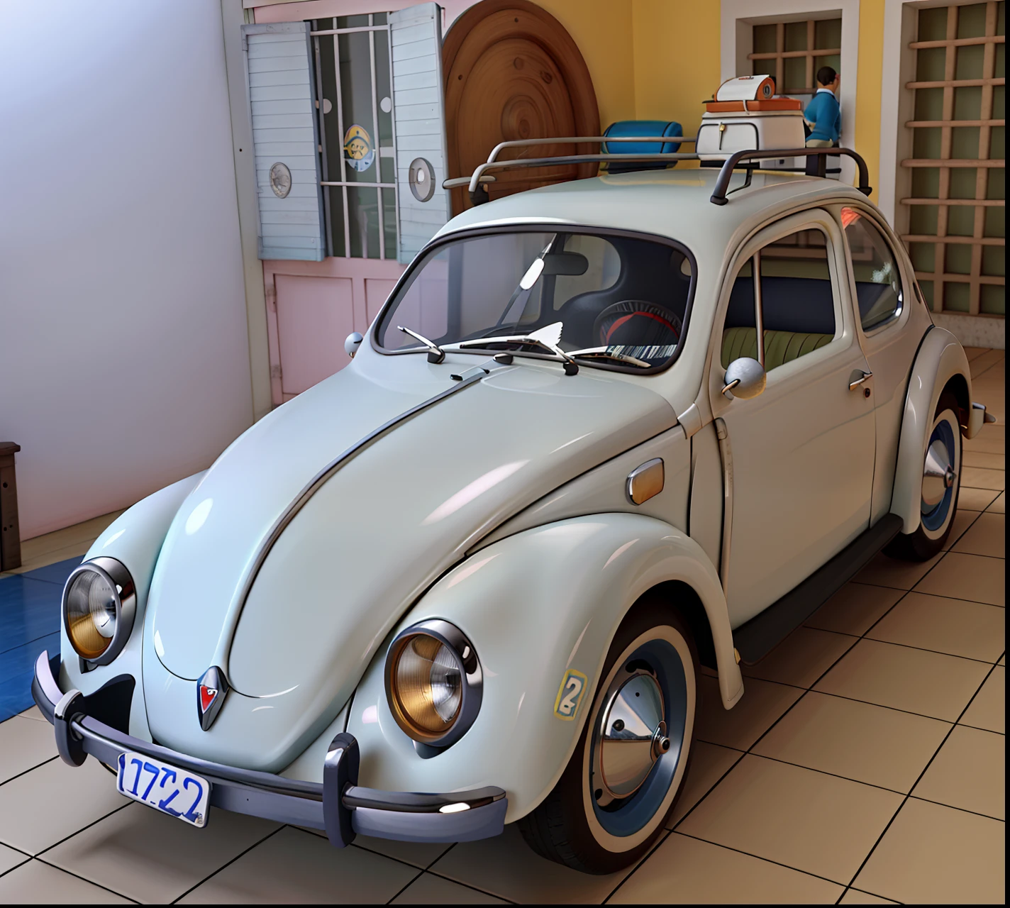 fusca branco, 1972, Disney Pixar style high resolution