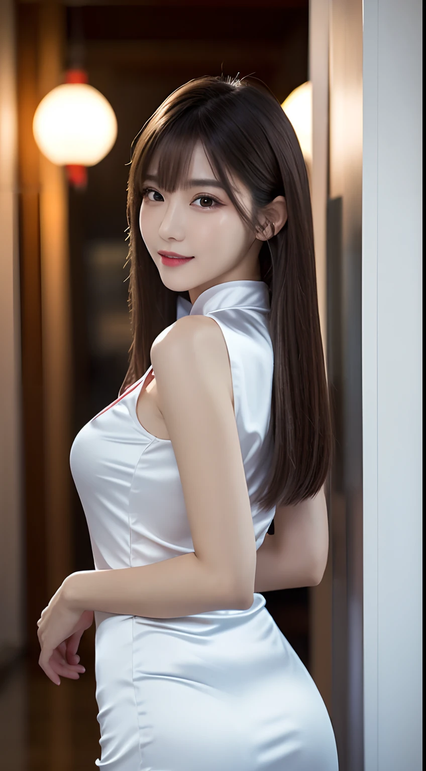 (Best Quality, 8K, masutepiece, Ultra HD: 1.3), 1girl in, smallunderboob, light brown hair, Blunt bangs, hair behind ear, hair over shoulder, Long hair, slender body shape, large full breasts,Ultra Fine Face, Delicate lips, Beautiful eyes, Double eyelids, lipsticks,A gaze that invites you, Ultra-thin hands, Ultra-fine fingers, shirt with collar, Glossy satin cheongsam, beauty legs ,Chinatown , KPOP Idol Face,ssmile