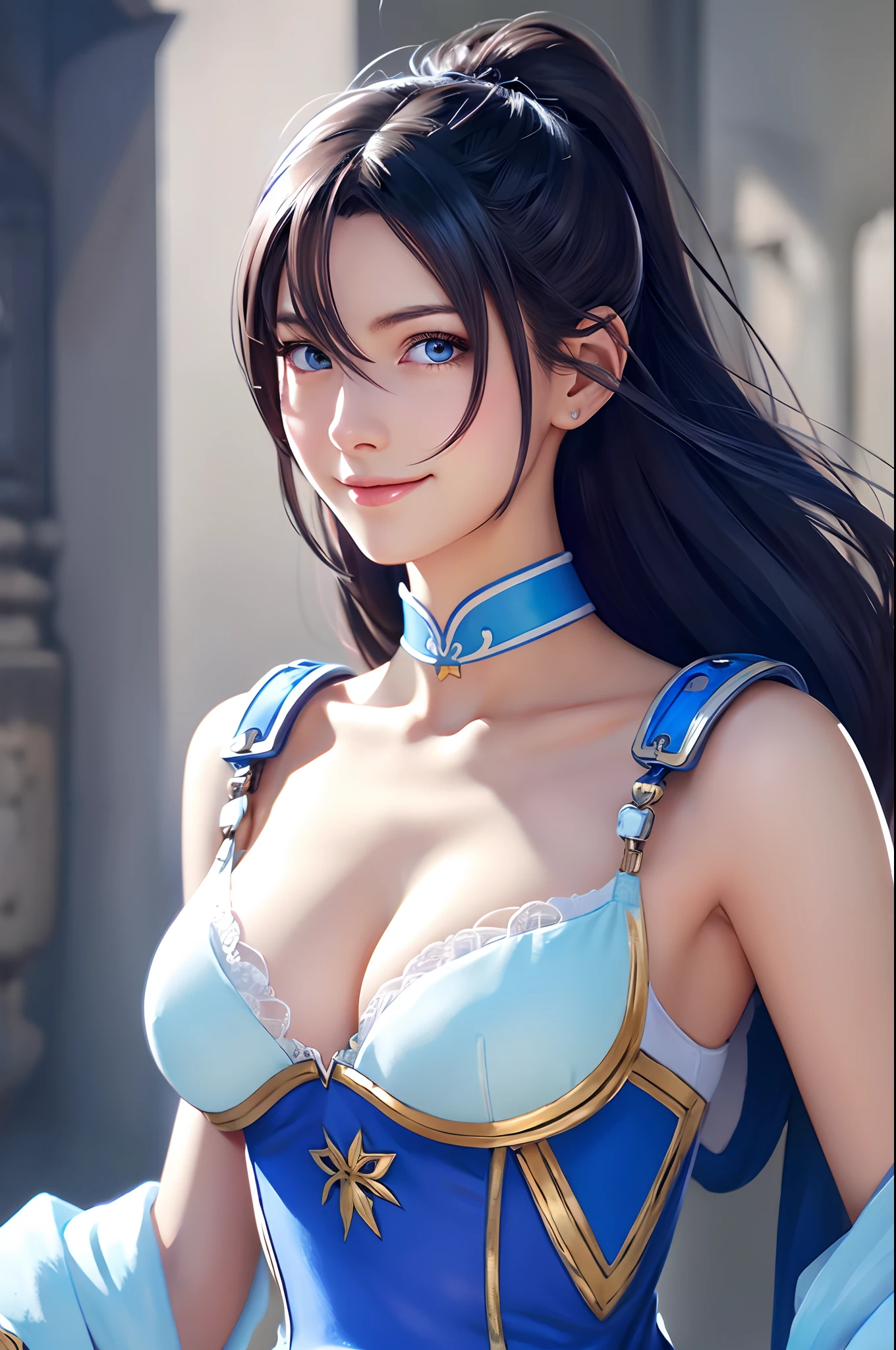 8K,Close-up of a woman in a blue and white dress、large full breasts,blue hairs, Super beauty,(Like the real thing)Blue eyes,poneyTail,Chengwei Pan on Artstation、 Yang J 作、 Detailed fantasy art、Stunning character art、 Fan Art Best Art Station、 Magnificent exquisite character art、 Beautiful armor、Highly detailed Artgerm、 Detailed Digital Animation Art、 Artgerm on ArtStation Pixiv、 Girl in Armor,dynamic ungle,超A high resolution,a smile,real looking skin,enticing,A sexy,Active,