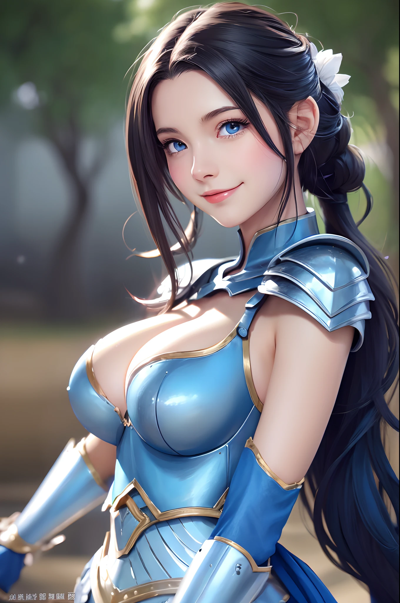 8K,Close-up of a woman in a blue and white dress、large full breasts,blue hairs, Super beauty,(Like the real thing)Blue eyes,poneyTail,Chengwei Pan on Artstation、 Yang J 作、 Detailed fantasy art、Stunning character art、 Fan Art Best Art Station、 Magnificent exquisite character art、 Beautiful armor、Highly detailed Artgerm、 Detailed Digital Animation Art、 Artgerm on ArtStation Pixiv、 Girl in Armor,dynamic ungle,超A high resolution,a smile,real looking skin,enticing,A sexy,Active,