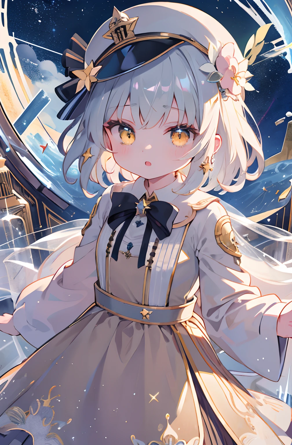 (Best Quality)),((masutepiece)),((Ultra-detailed)),(Illustration),(Detailed light),(extremely delicate and beautiful),(8K、1girl in、Lori)、Silvery hair、Yellow eyes、Dresses based on brown、Dresses with the image of stars、Dresses that are easy to move in、(Brown dress)Background Simple、The upper part of the body、Delicate eyes、Star Eyes、Stars in the eyes、Viewer's Perspective、Long、Adventure hat、Pilot's Cap、