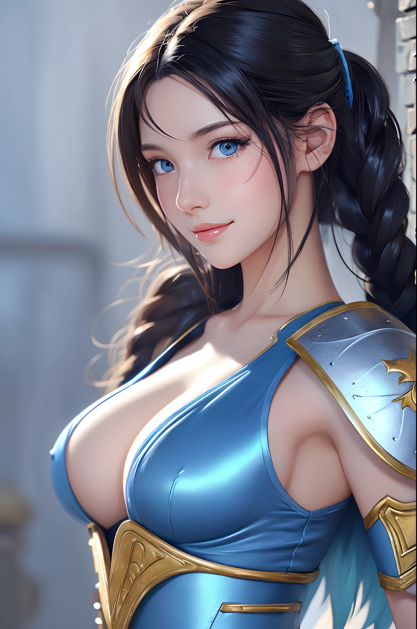 8K,Close-up of a woman in a blue and white dress、large full breasts,blue hairs, Super beauty,(Like the real thing)Blue eyes,poneyTail,Chengwei Pan on Artstation、 Yang J 作、 Detailed fantasy art、Stunning character art、 Fan Art Best Art Station、 Magnificent exquisite character art、 Beautiful armor、Highly detailed Artgerm、 Detailed Digital Animation Art、 Artgerm on ArtStation Pixiv、 Girl in Armor,dynamic ungle,超A high resolution,a smile,real looking skin,enticing,A sexy,Active,