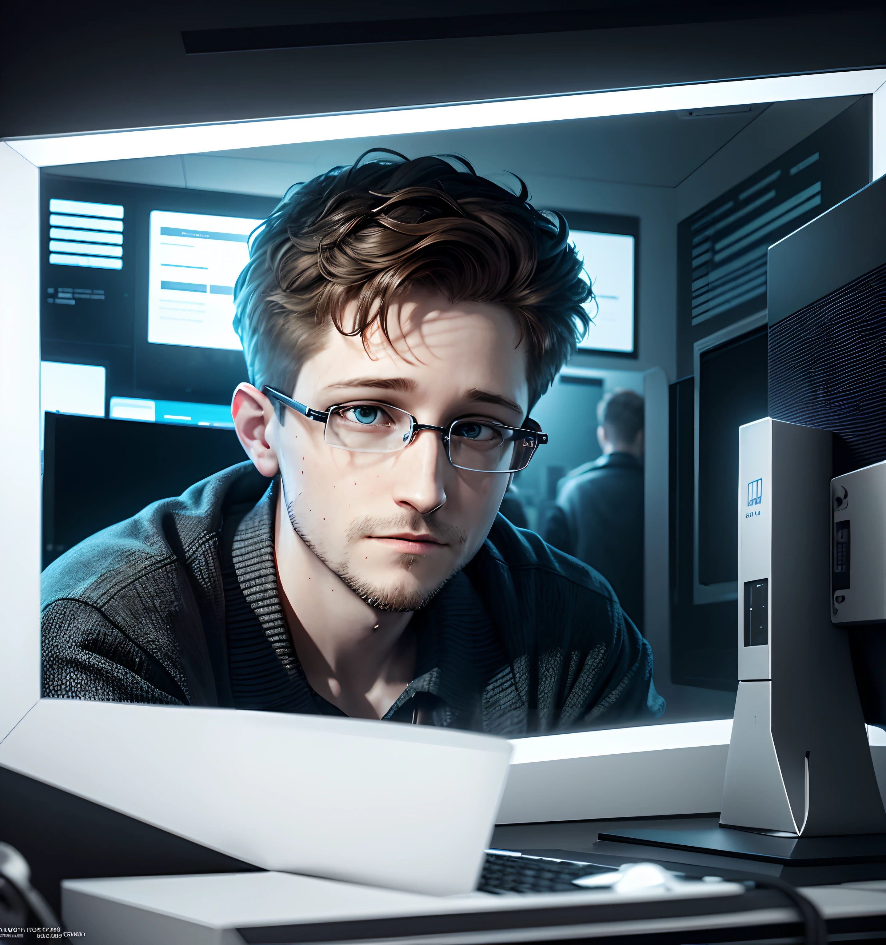 Cut to a high-tech government surveillance facility, depicted in intricate 3D detail. Computers buzz with activity as data streams flow across screens. A character, representing Edward Snowden, is shown courageously downloading classified information. Voiceover: "Edward Snowden risked it all to expose the truth..."