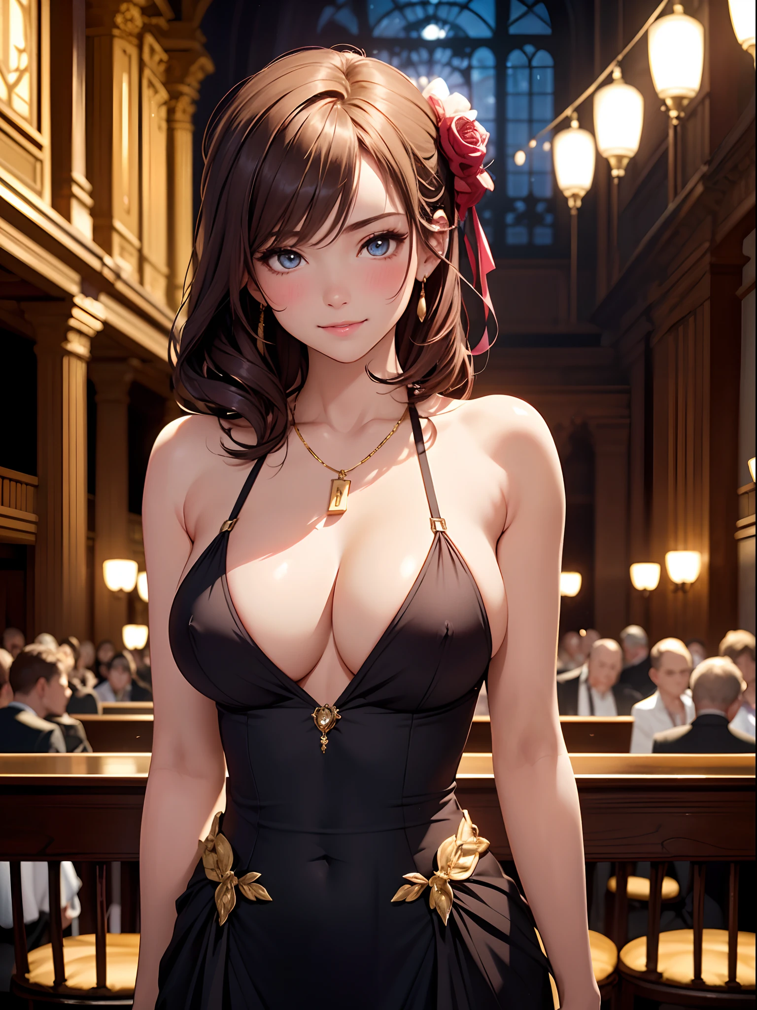 (masterpiece), (top-quality), (barechested:1.3), ballgown:1.5), (super thin fabric:1.5), (blushed face:1.3), (Spilling boobs:1.4), (realistic:1.5), hair ornament, necklace, victorian era dress, 1 girl, precise hands, confident look、seductive Smile、 extremely cute XIXth century noblewoman girl, babyr eyes, Shining eyes, small breast, cleavage of the breast is visible, No pubic hair, The beautiful skin, ultra-definition, Top resolution, golden hair, detailed victorian era ballroom in background, nightime, soft lightning