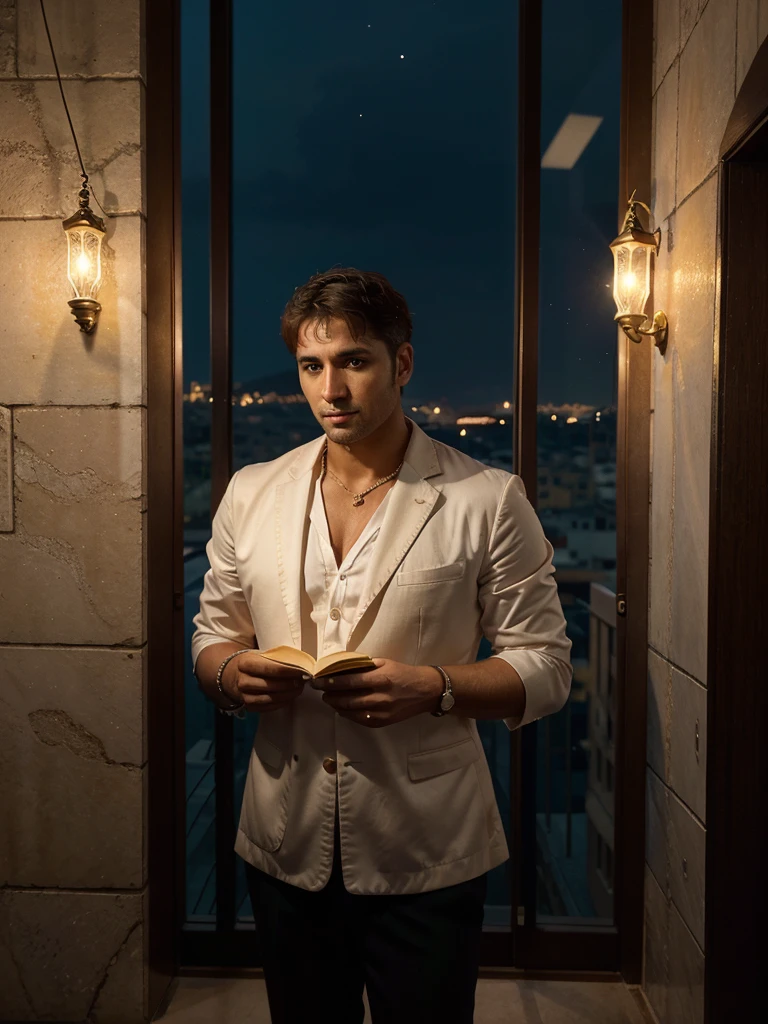 Roman Emperor Constantine the Great resurrected in modern times、34 years old、mature、Competent and hard-working、Successful businessman、Gentle and kind、Usually gentle, but cold when necessary、Greek、Athens night view background、夏天、The world of romance novels、opulent、elegan、masterpiece、top-quality、