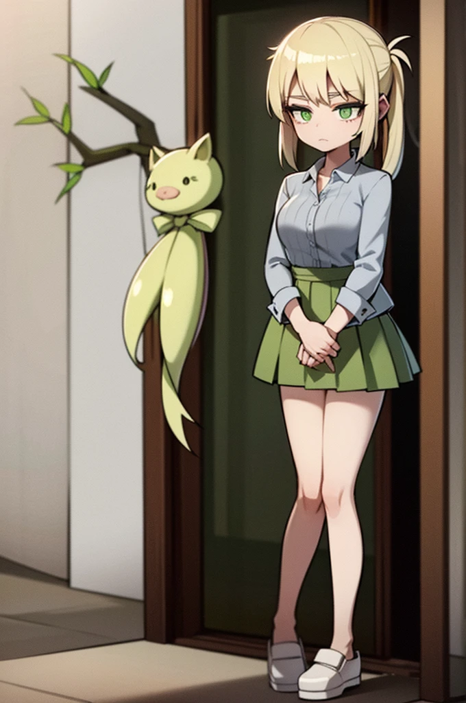 1girl light skin 5.6f, blonde hair with pig tails, lime green eyes, wears grey loose shirt with two green stripes, grey short skirt, brown slippers, full body view,