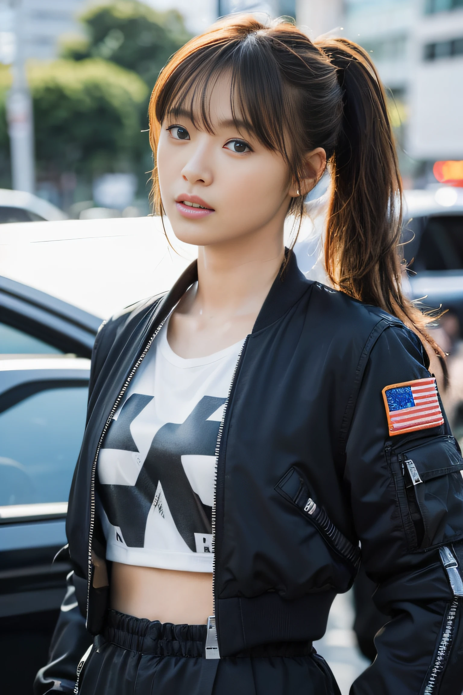 (masterpiece:1.2), ultra detailed, ultra high res, (realistic, photo realistic:1.37), high detail RAW color photo, professional photograph, extremely detailed face, extremely detailed eyes, extremely detailed skin, extremely detailed fingers, highly detailed nose, highly detail mouth, Perfect , Highly detailed background, (a famous actress of Japan), (gals:1.3), (flat chest:1.4), brown race, dark skin, blonds hair, ponytail, futuristic technology background, (future war vehicle in the background), (wearing black air bomber jacket with many patches, t-shirt, cargo pants:1.2), (sexy pose:1.2), (from below: 1.3),