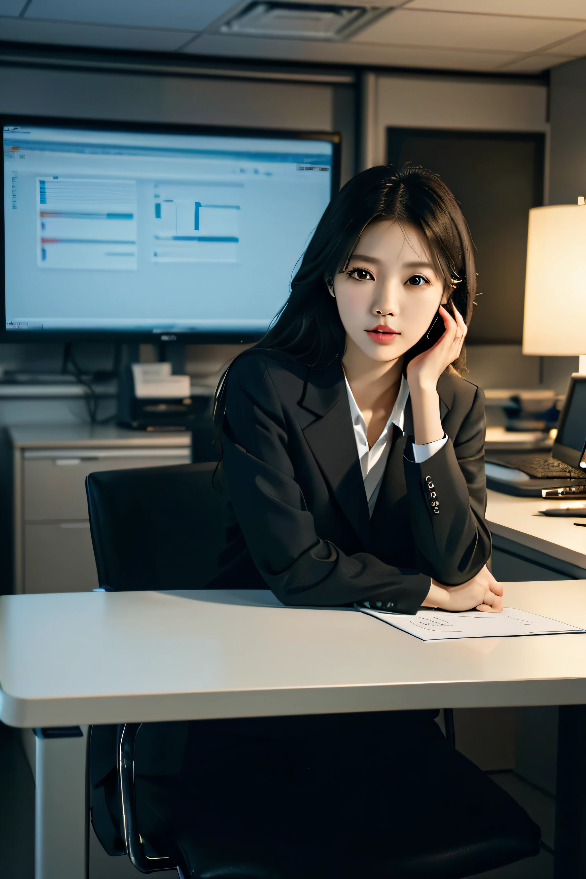 High-res, Realistic portrait of professional korean office lady with perfect skin, Professional suits, Show confidence and maturity, Surrounded by a modern corporate environment, Vibrant and naturally lit highlights. The artwork should emphasize her elegant facial features, Including charming long eyes, Fluttering eyelashes and seductive lips. The scene should be enhanced with elements of professionalism and visual appeal，For example, Stylish work desk, Mainframe computers, High-resolution display, and complex stationery. The overall tone should be warm and professional, Has a soft and natural color palette. The artwork should exude a sense of professionalism, Success, and cultural pride.