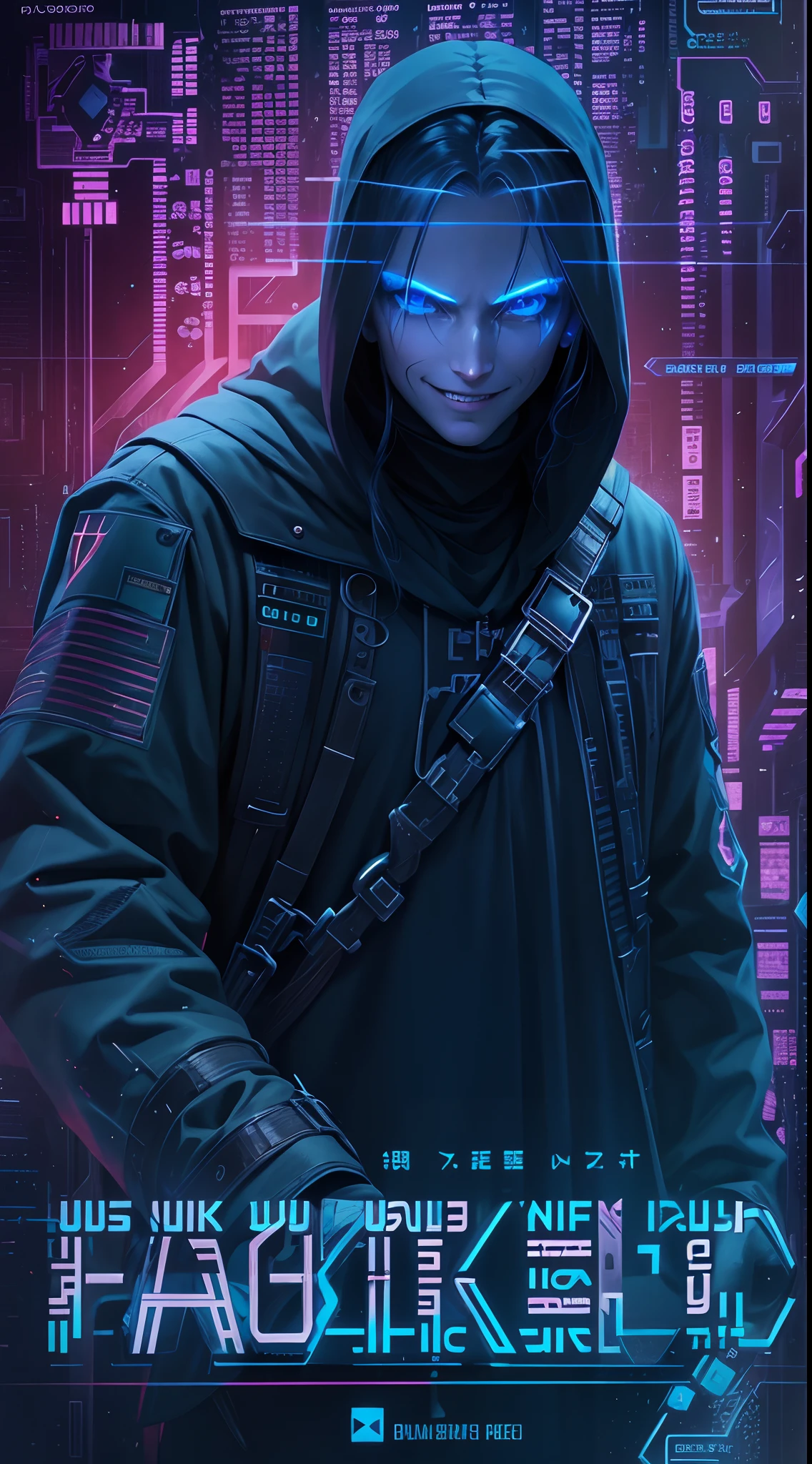 《Fantastic hacker》filmposter,((Dark)),Epic,8K,fantasy,Ultra detailed,magic,((Blue eyes)),evil grin smile。