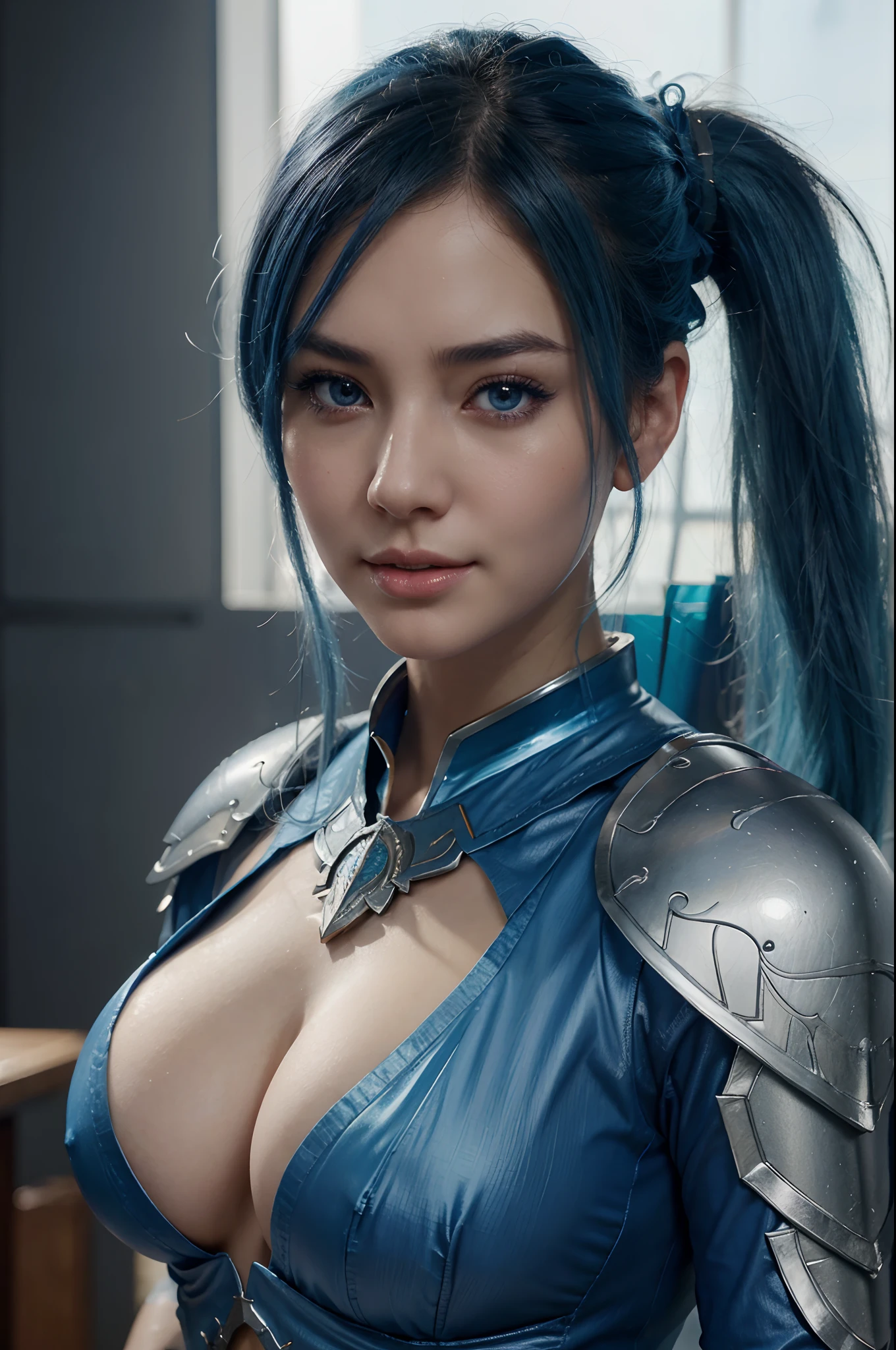 8K,Close-up of a woman in a blue and white dress、large full breasts,blue hairs, Super beauty,(Like the real thing)Blue eyes,poneyTail,Chengwei Pan on Artstation、 Yang J 作、 Detailed fantasy art、Stunning character art、 Fan Art Best Art Station、 Magnificent exquisite character art、 Beautiful armor、Highly detailed Artgerm、 Detailed Digital Animation Art、 Artgerm on ArtStation Pixiv、 Girl in Armor,dynamic ungle,超A high resolution,a smile,real looking skin,enticing,A sexy,Active,