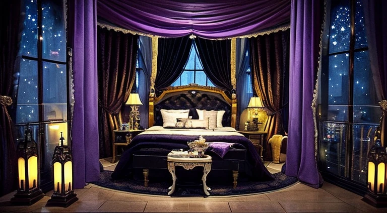 (best quality:1.3), (masterpiece:1.3), indoor, watercolor, illustration, starry sky, night, gothic style, theme colors in purple and black, candlestick, candles, bed, wide-angle view, midnight, spacious room, crescent moon, bats, gothic lolita, starry sky through the window, Milky Way, no human, cute, vampire′s room,