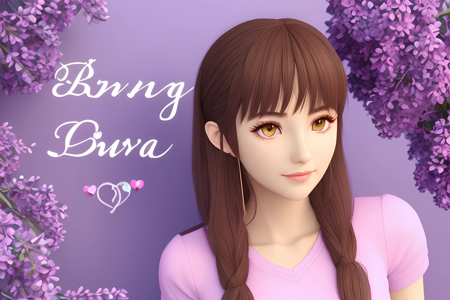 The name Bruna in 3D on lilac and pink hearts