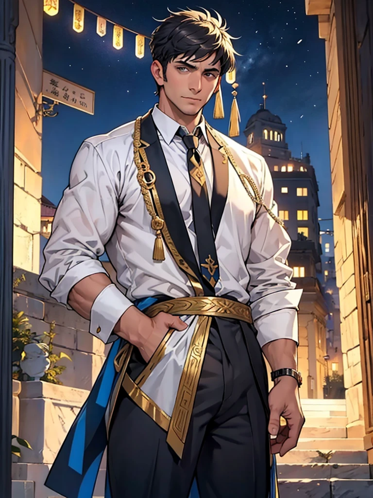 Roman Emperor Constantine the Great resurrected in modern times、34 years old、mature、manly、Competent and hard-working、Successful businessman、Gentle and kind、Usually gentle, but cold when necessary、Greek、Athens night view background、夏天、The world of romance novels、opulent、elegan、masterpiece、top-quality、