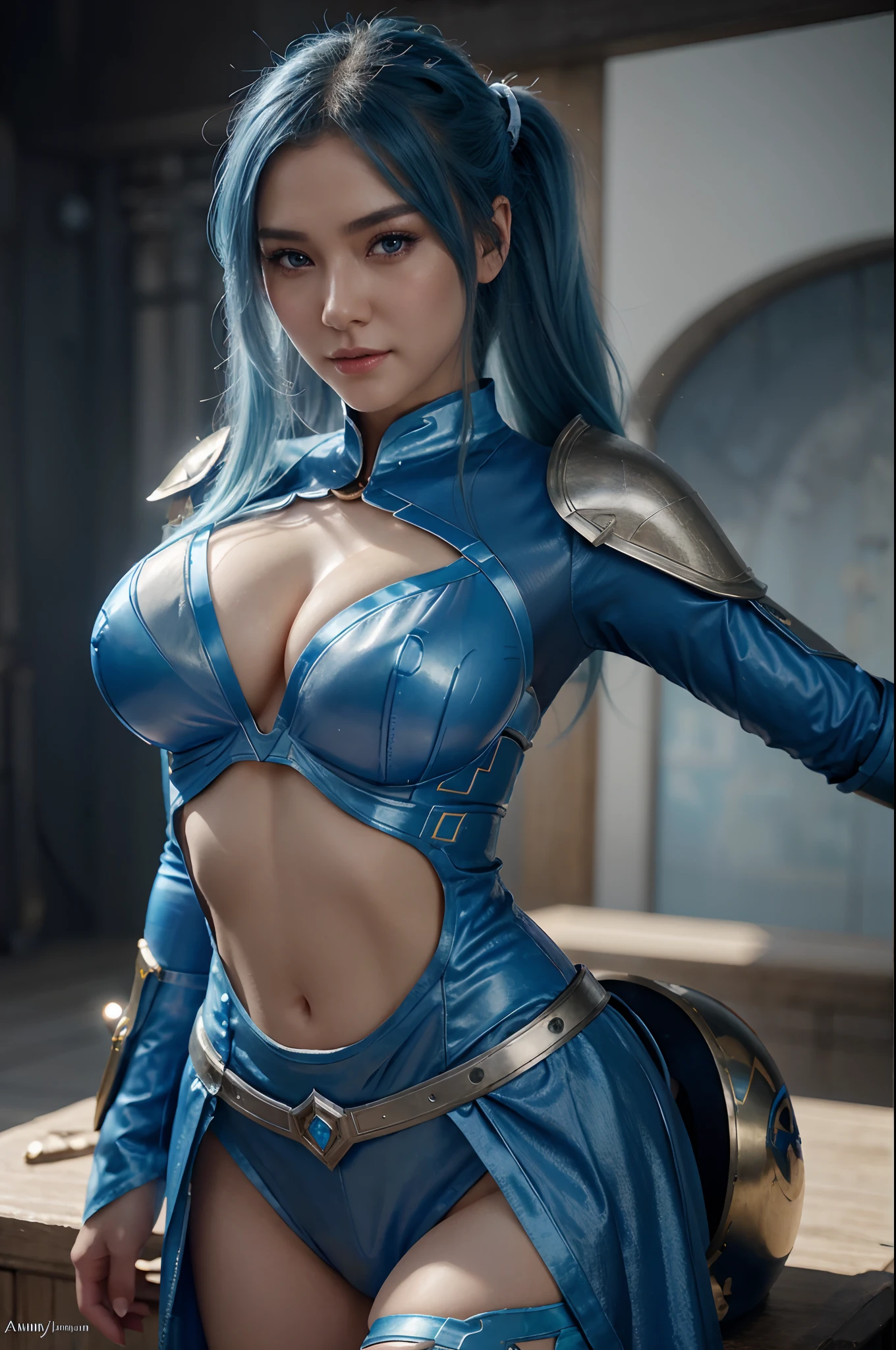 8K,Close-up of a woman in a blue and white dress、blue hairs, Super beauty,(Like the real thing)Blue eyes,poneyTail,Chengwei Pan on Artstation、 Yang J 作、 Detailed fantasy art、Stunning character art、 Fan Art Best Art Station、 Magnificent exquisite character art、 Beautiful armor、Highly detailed Artgerm、 Detailed Digital Animation Art、 Artgerm on ArtStation Pixiv、 Girl in Armor,dynamic ungle,超A high resolution,a smile,real looking skin,enticing,A sexy,Active,