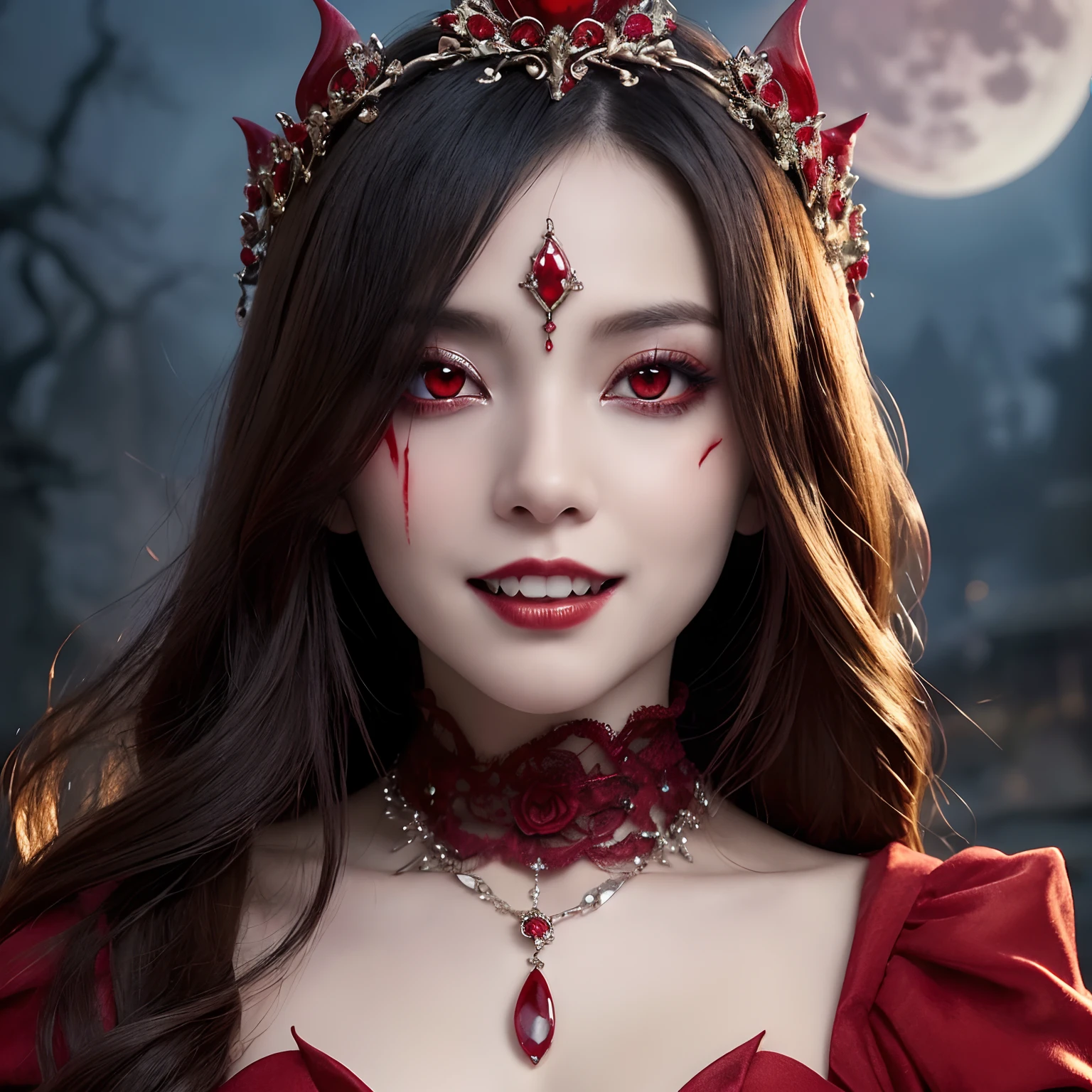 masterpiece, best quality, (Focus only), (Perfect face:1.1), (High Detail:1.1), (Extremely detailed eyes), dramatic, 1 person, (Pale skin), 金色的Long hair, (Red iris), Personal Focus, vampire, Long hair, moon, night, Red luxury suit, Pursed lips, castle, Detailed background, Artgerm&#39;s Artwork, light, Red rose, Fashion