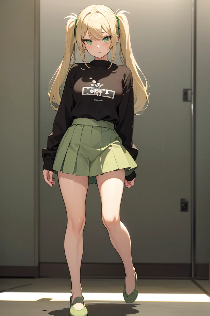 1girl light skin 5.6f, blonde hair with pigtails, lime green eyes, wears a loose grey shirt with two green stripes, grey short skirt, brown slippers, full body view, lewd pose