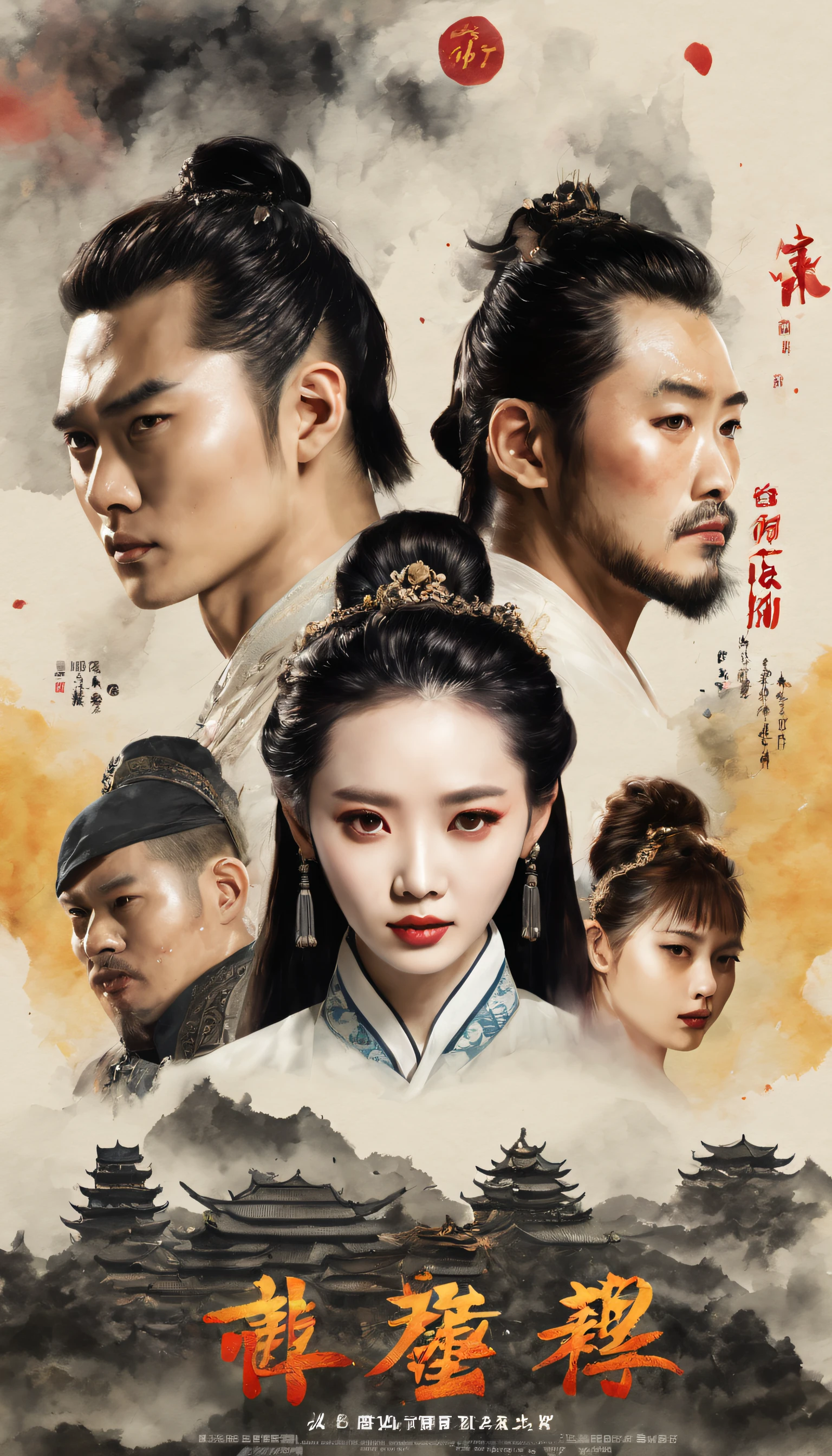 (Movie poster style:1.5), (Movie poster:1.5), (ink and watercolor painting:1.5), (Tasteful:1.5), (ink and watercolor painting:1.5), (Chinese style:1.5), (Full color:1.5), 8K, 4K, (magic:1.5), (dripping paint;1.5), （Period drama poster:1.3), (Wu Zetian:1.5), (War:1.5), (movie title:1.5), (logo:1.5), (text:1.5), (Period drama background:1.5), (Half is the face of the king，Half is the face of the queen:1.5),((text:2)),