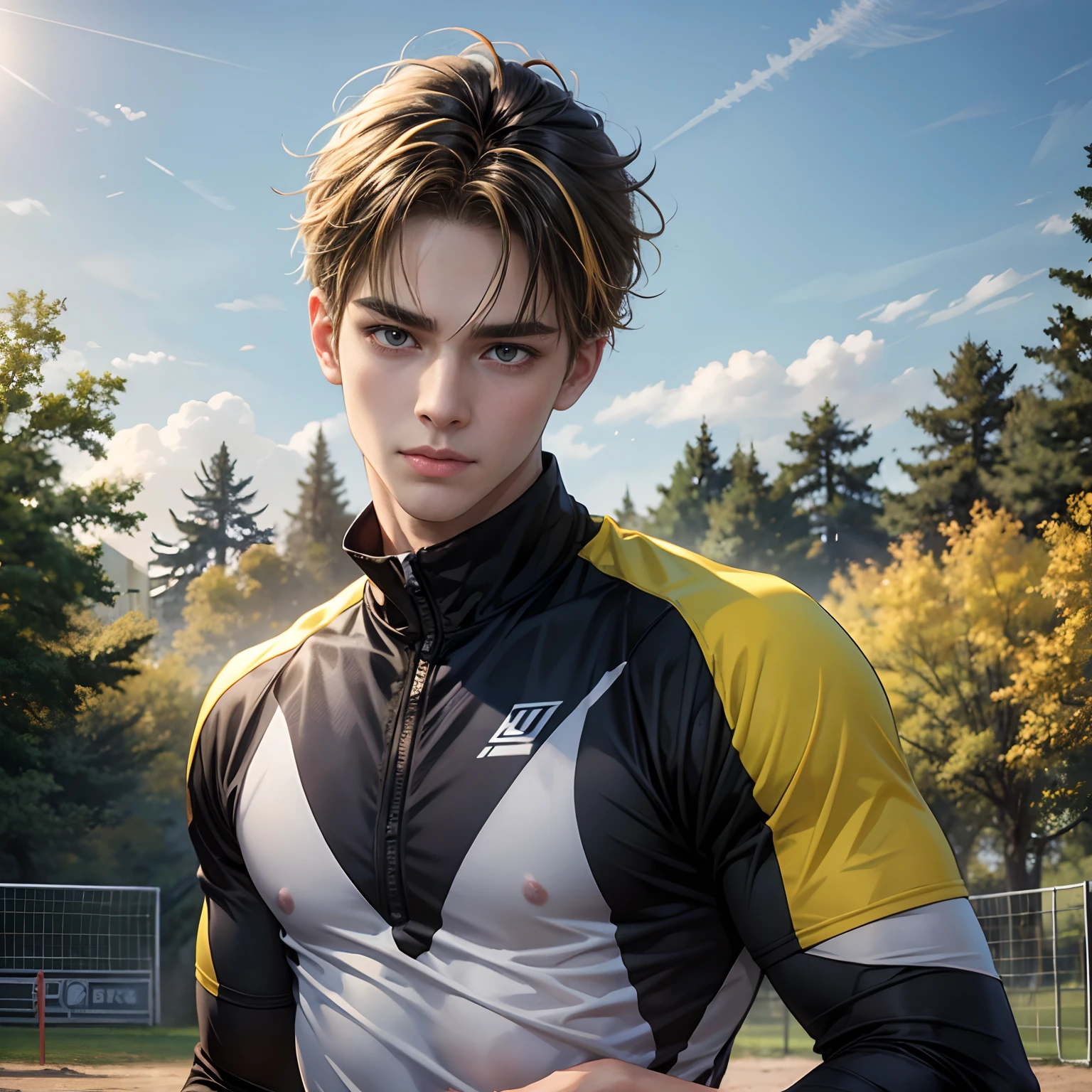 ((Fully clothed))hight resolution, masutepiece,Small paws healthy horses, ((1boy,)) ((1man)), Black_hair (Blonde_hair) up looking_To_The_Side male_Multicolor Focus_hair,Solo Sportswear Sweatsweat Drops Twitter_Binding user names_Hair upper_Body Volleyball_Uniform Yellow_Eyes, Detailed background, Bright,Volleyball Court, Outside,Blue sky, the woods,