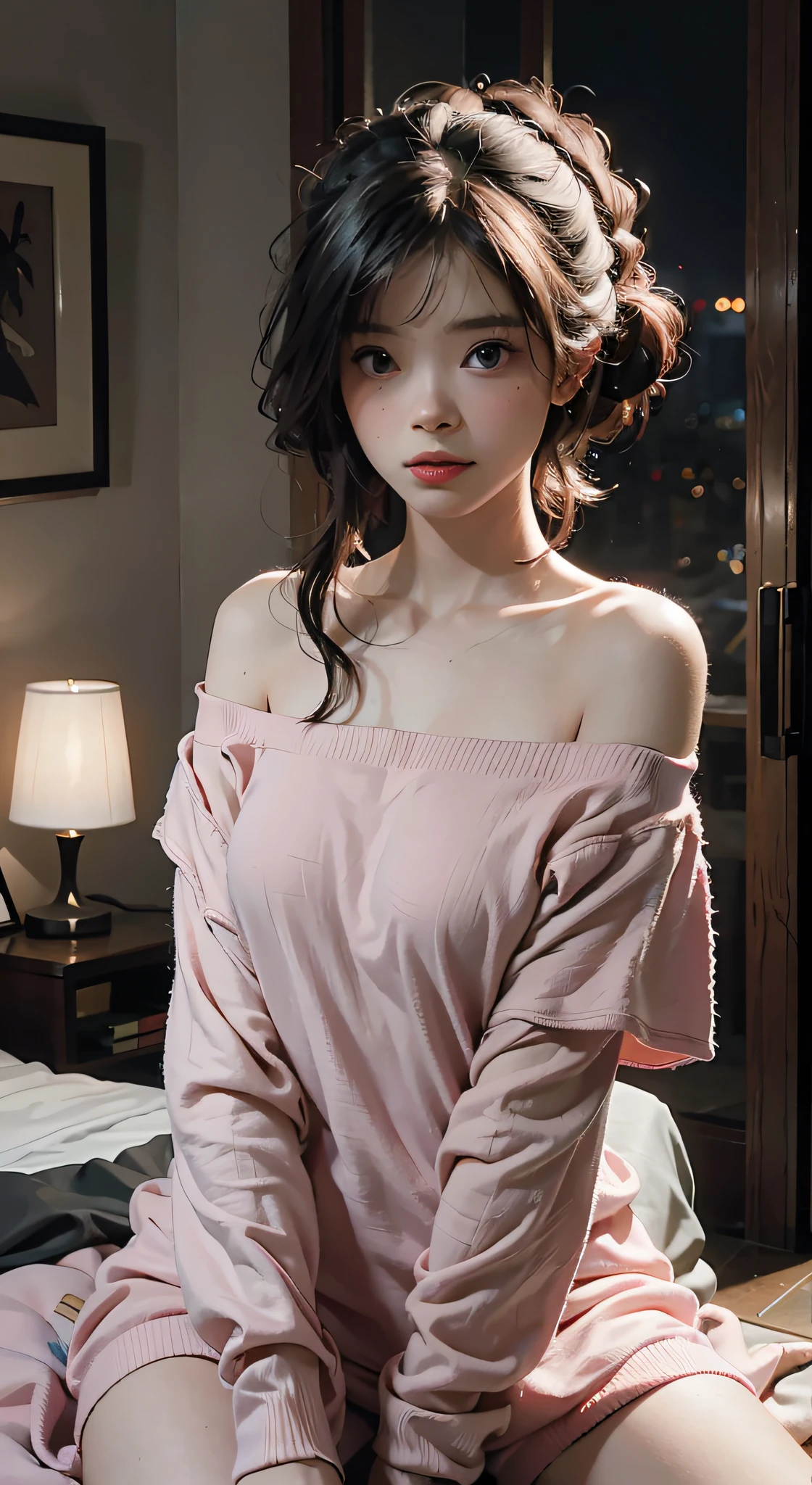 Best Quality, Masterpiece, Ultra High Resolution, (Realisticity: 1.4), Original Photo, 1girl, Pink Off-the-Shoulder, Cinematic Lighting